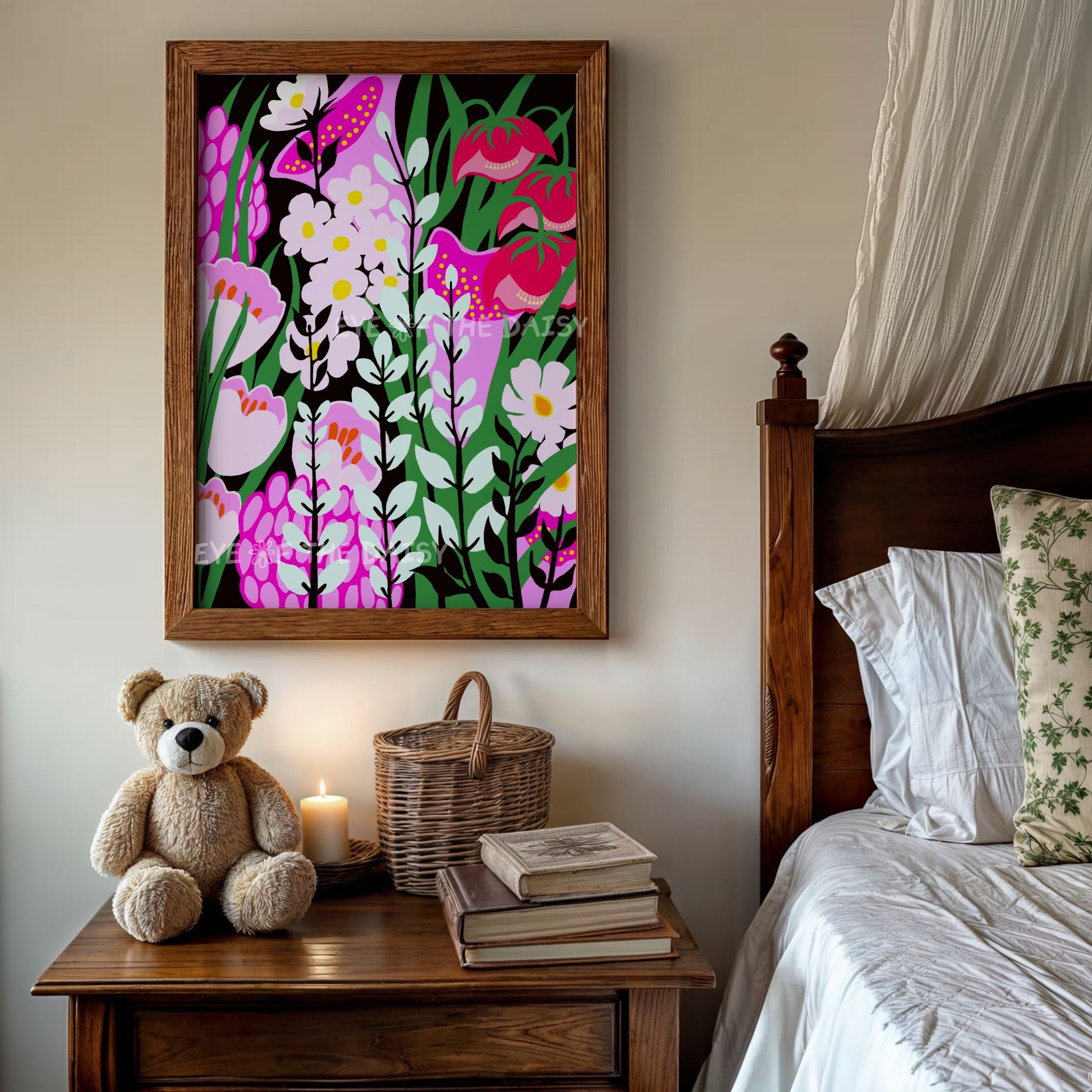 Colourful botanical wall art – abstract flower garden print download in pink and green, perfect for vintage bedroom wall styling