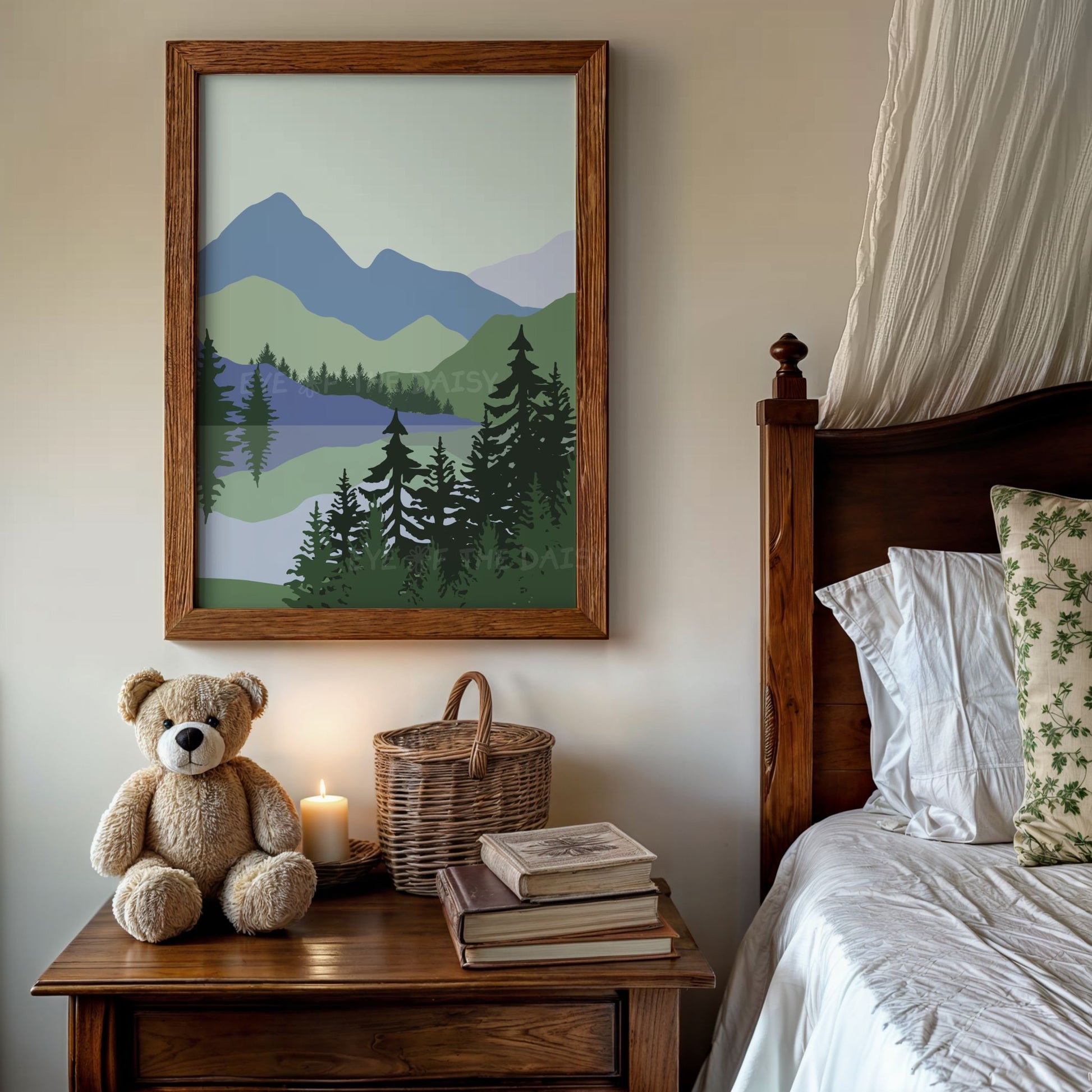 Calming mountain landscape wall art print in sage green & blue, great for vintage bedroom or cottagecore decor