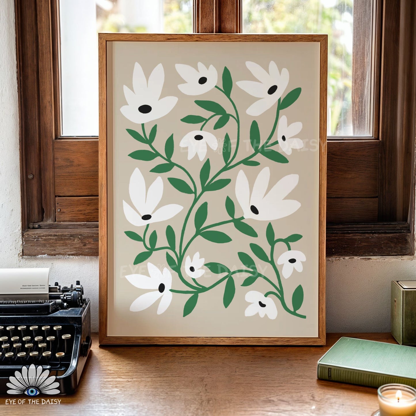 Modern white and green abstract floral poster, minimalist printable wall decor for neutral living room decor