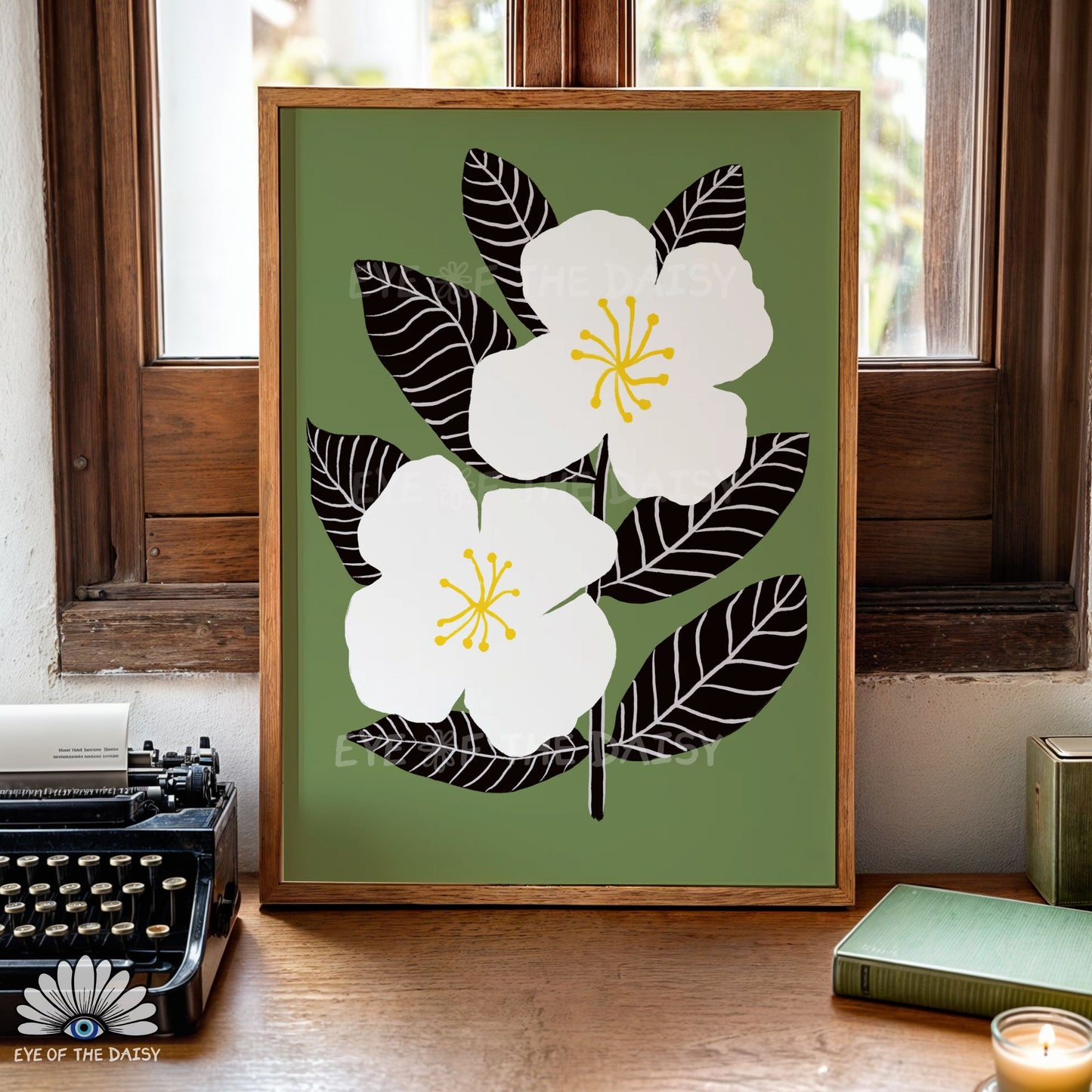 Japandi abstract floral printable wall art in olive green, black & white for contemporary wall decor