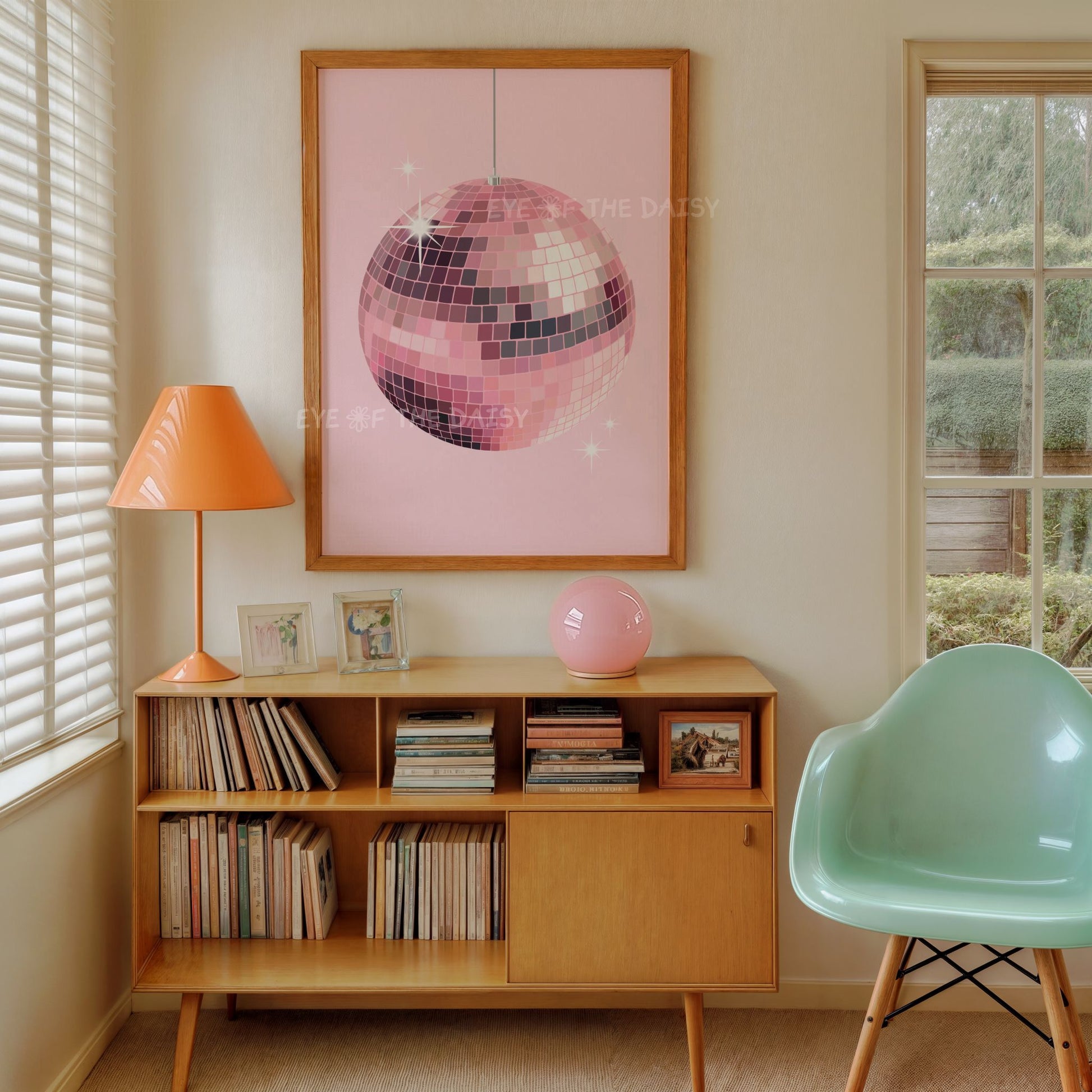 Pastel disco ball wall art – hand-sketched pink mirror print, digital download for retro-inspired or funky modern living room