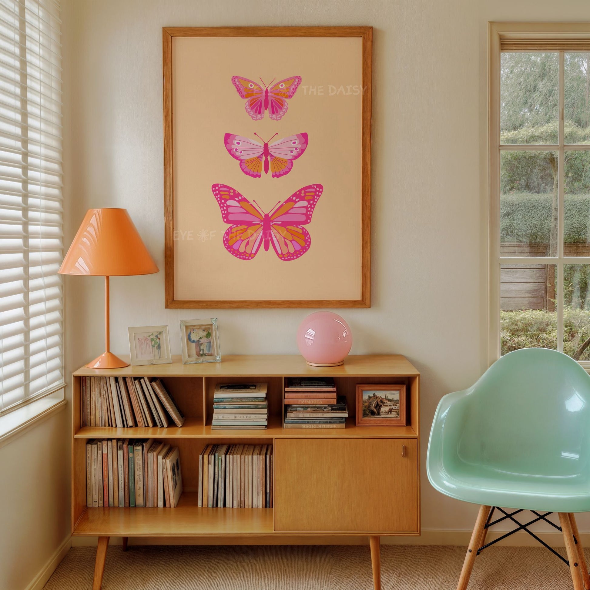 Orange pink boho butterfly poster, vintage butterfly printable art download for retro living room or eclectic home gallery