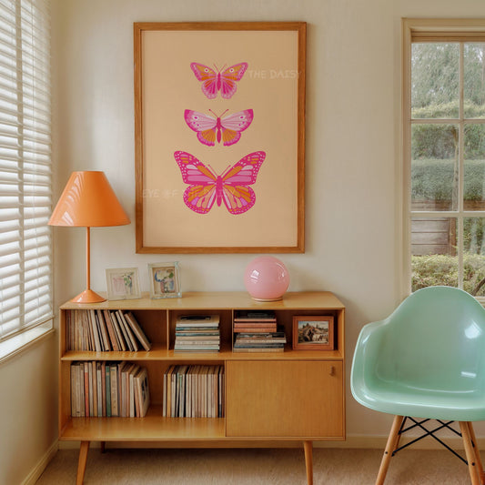 Orange pink boho butterfly poster, vintage butterfly printable art download for retro living room or eclectic home gallery