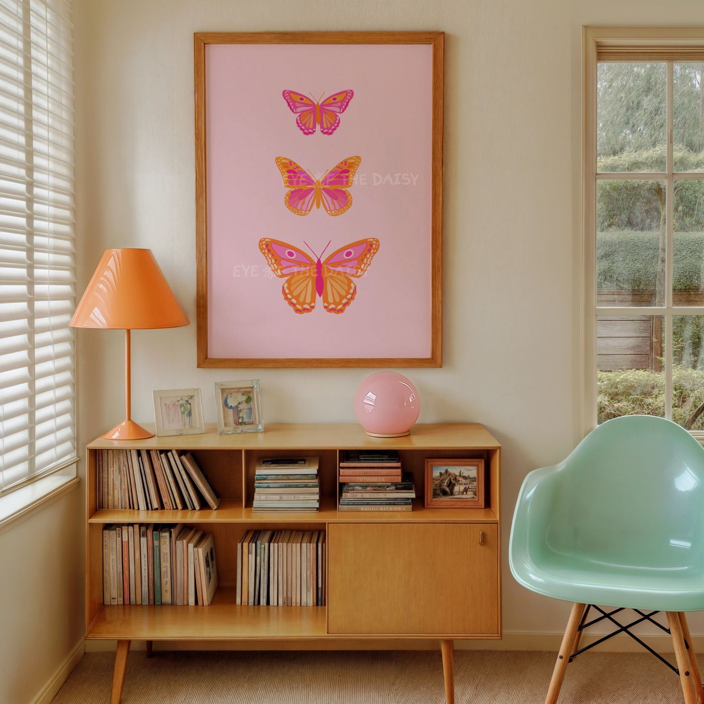 Retro butterfly wall print, bright digital download in pink and orange tones, perfect for funky living room or boho gallery decor