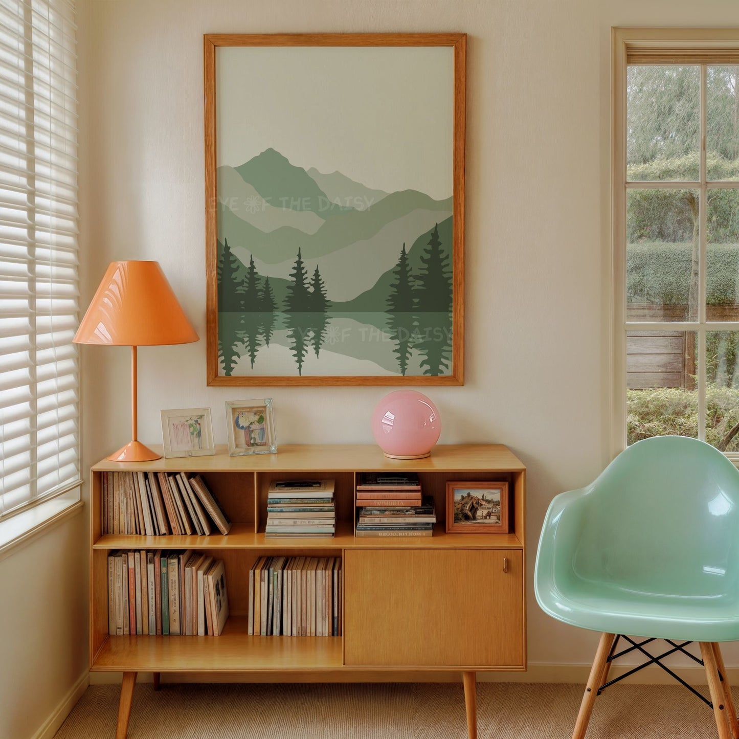 Boho abstract nature wall print set in sage green – mid-century style mountains, lake and trees, digital art print download