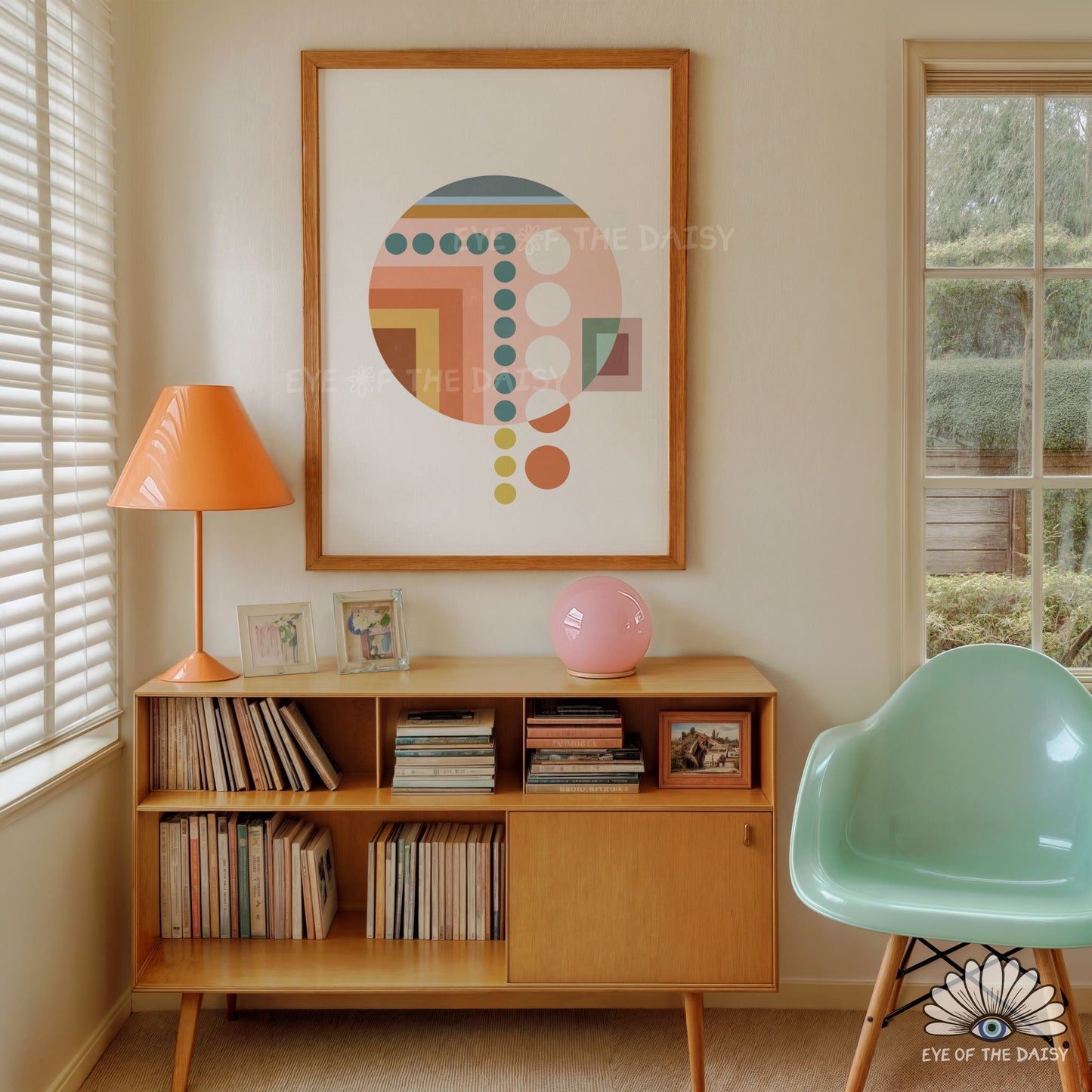 Terracotta salmon pink teal mustard Bauhaus poster, mid century geometric printable wall art