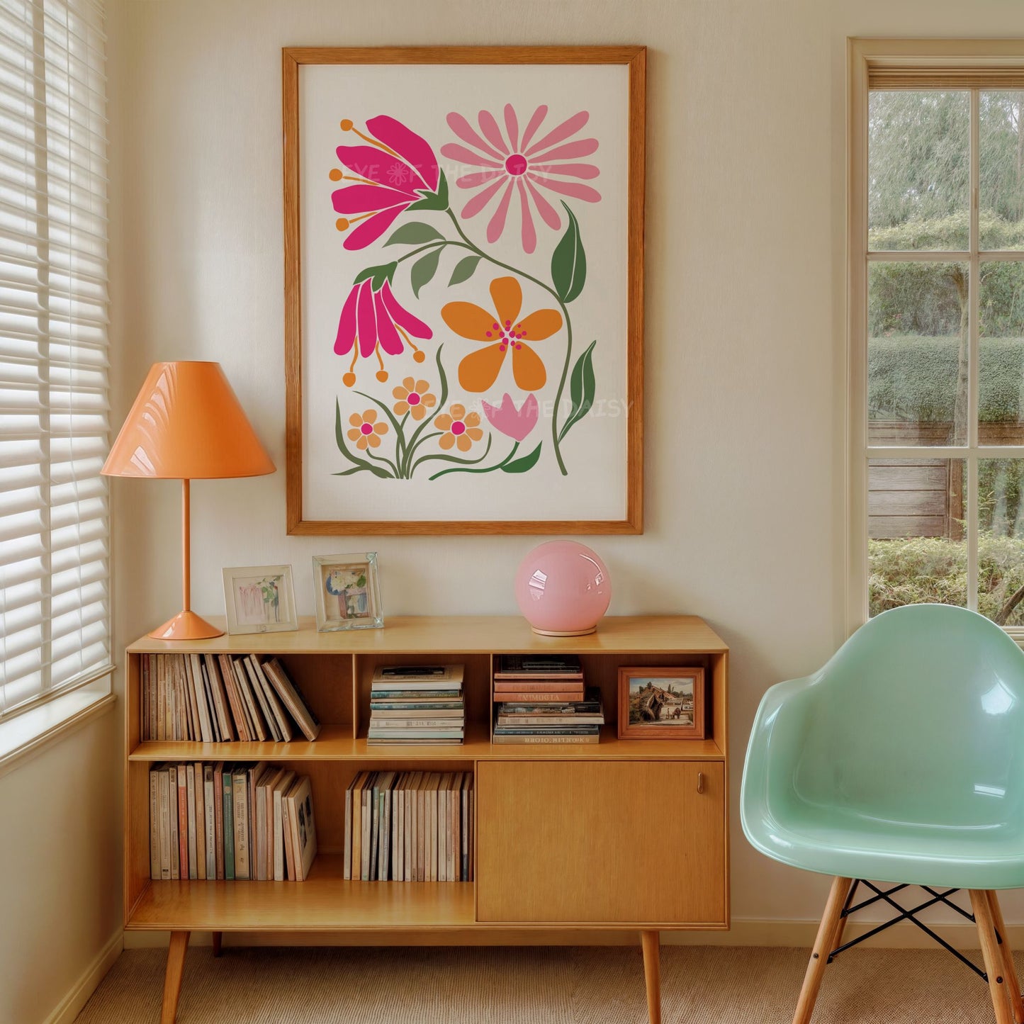 Bright pink and orange abstract botanical printable wall art with stylized flowers and green leaves intertwining