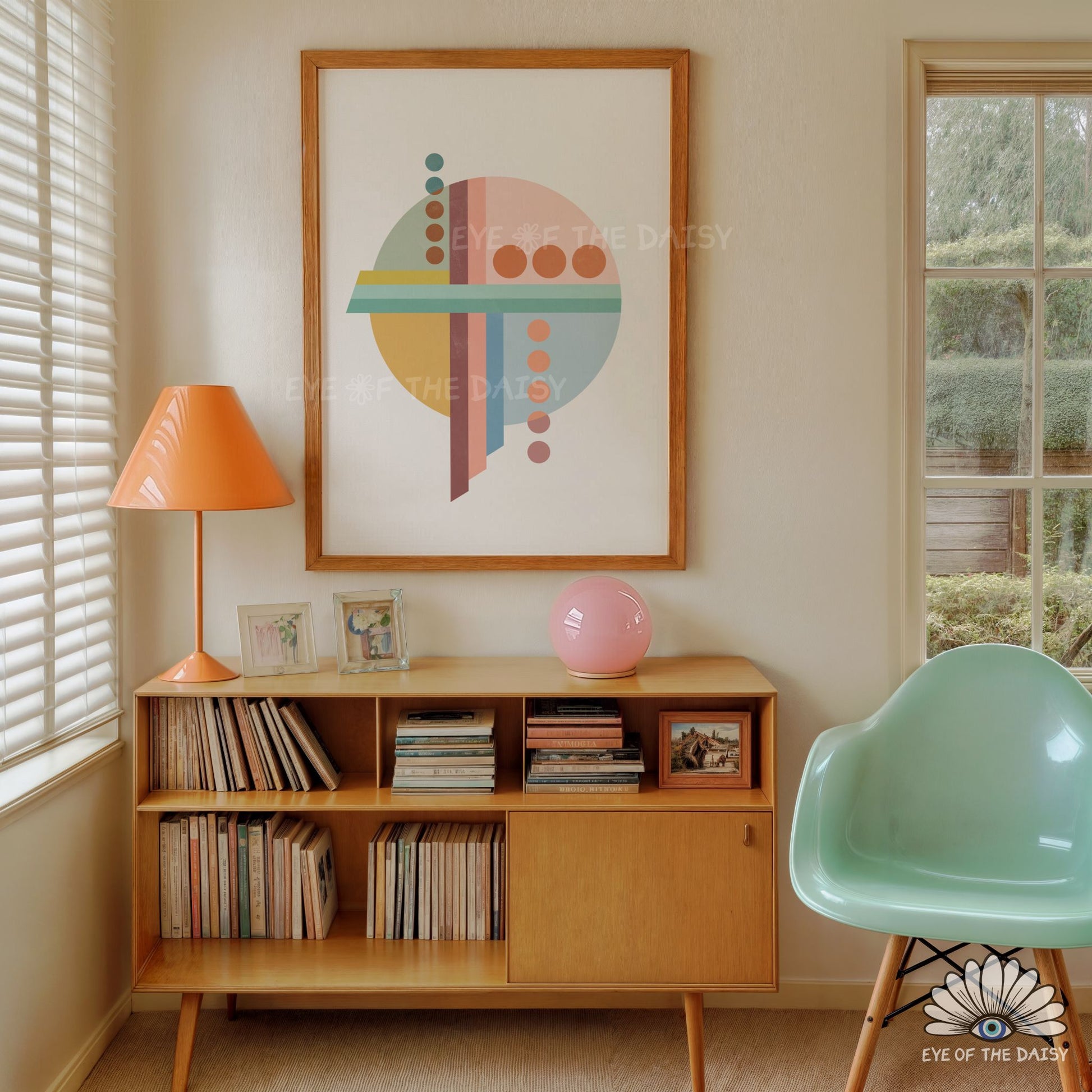 Warm muted abstract geometric wall art, printable Bauhaus 3 piece decor for mid century living room