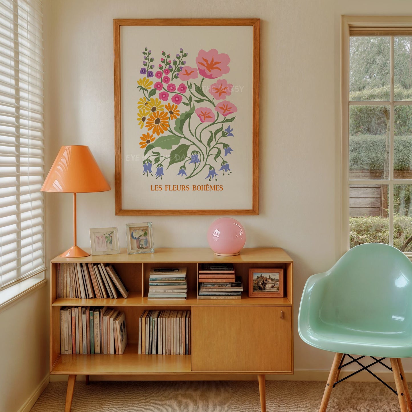 "Les Fleurs" abstract botanical vibrant printable wall art on a living room wall in pink and orange, great for boho interiors