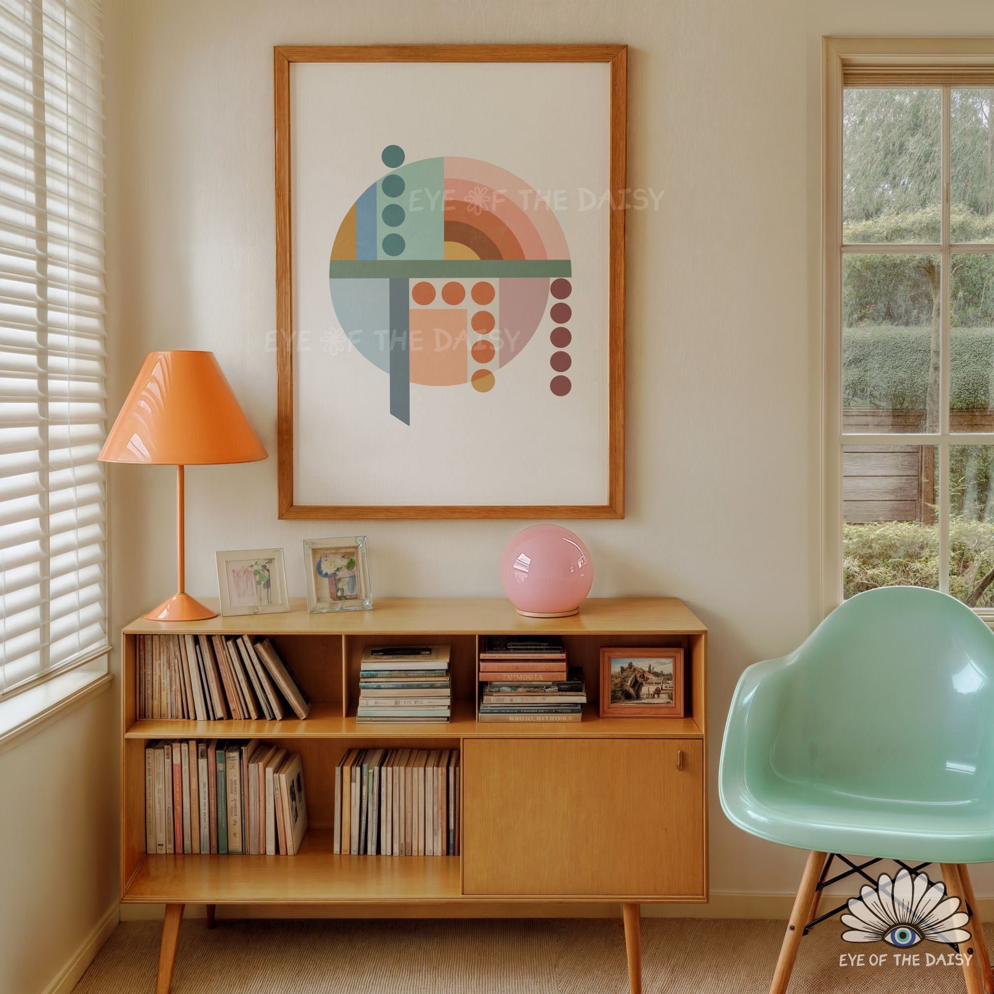Salmon pink geometric print, warm muted abstract poster for mid century modern wall decor