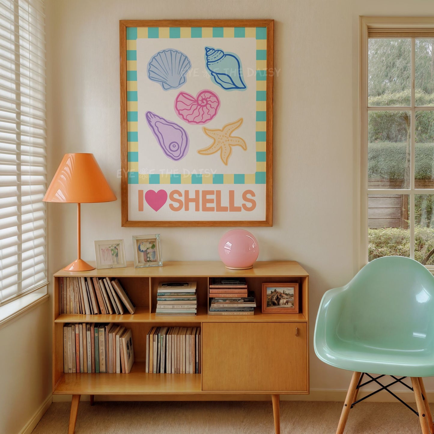 Beachy shell art print in vibrant summer colors – printable poster for beach house wall decor, digital download coastal wall print