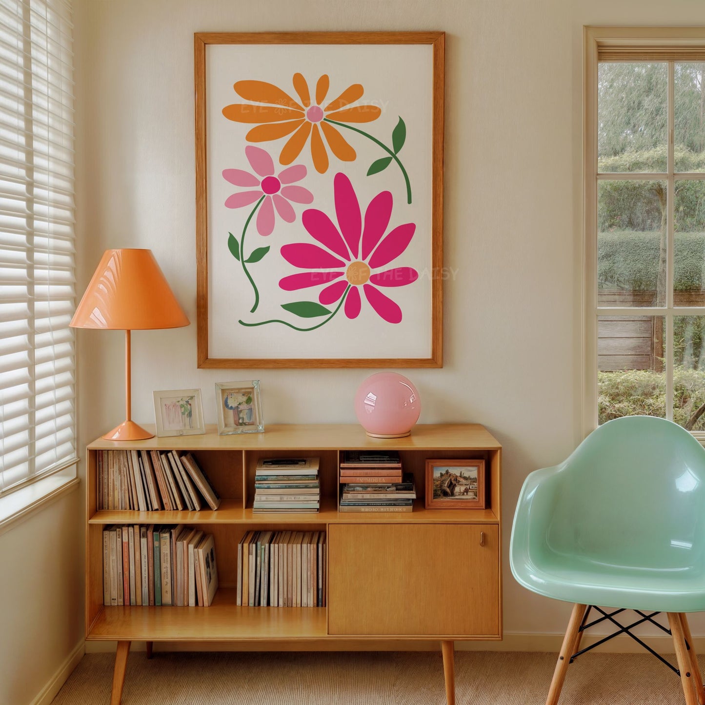 Bright pink and orange boho abstract botanical printable wall art with stylized flower design