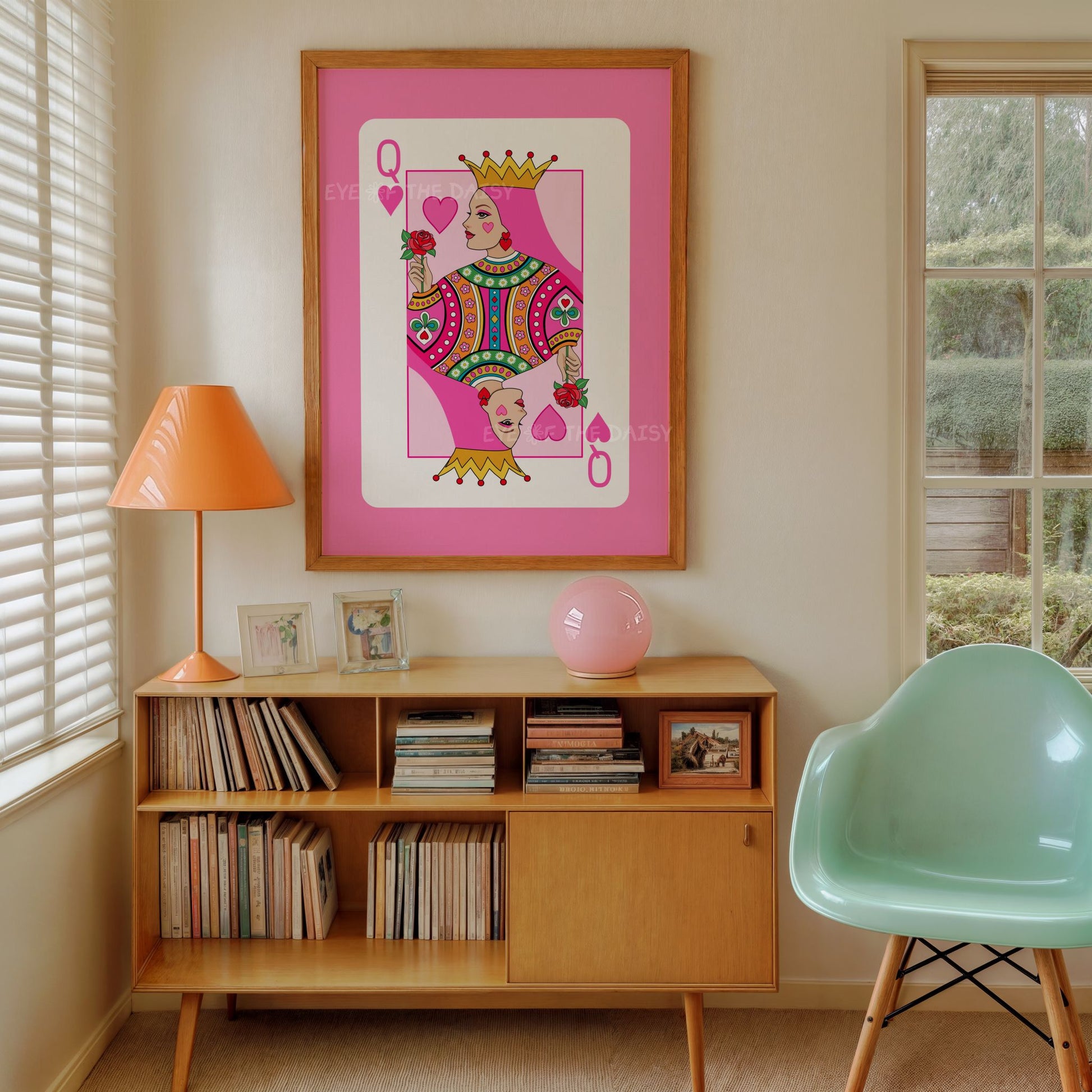 Retro Queen of Hearts wall art – funky pink digital download, perfect printable poster for bold vintage-inspired room decor