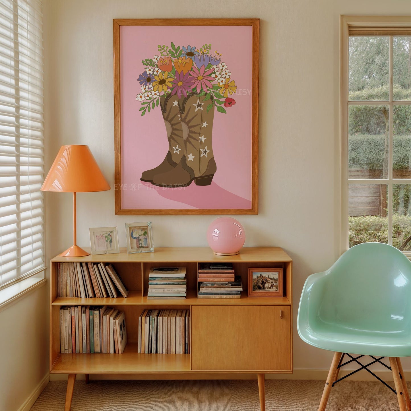 Printable pink and tan cowgirl boots with bright florals, retro wall art for living room tween bedroom decor