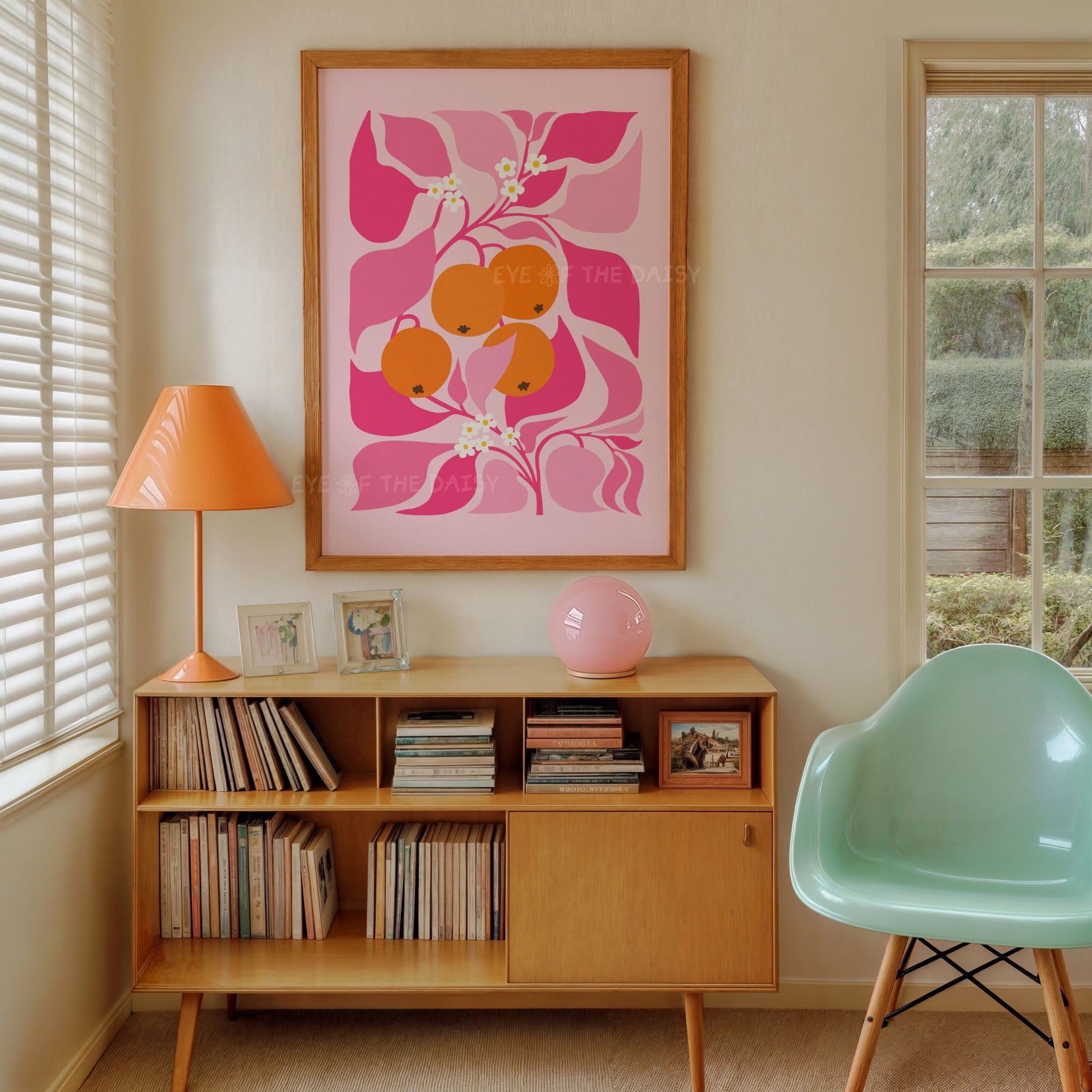 Contemporary orange tree wall decor in abstract botanical style – pink and orange tones in a trendy apartment