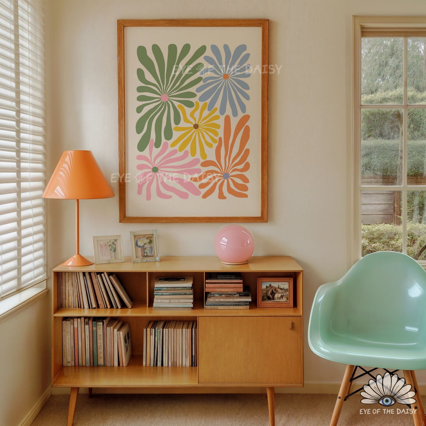 retro floral illustration printable, dopamine decor artwork for modern colourful living room