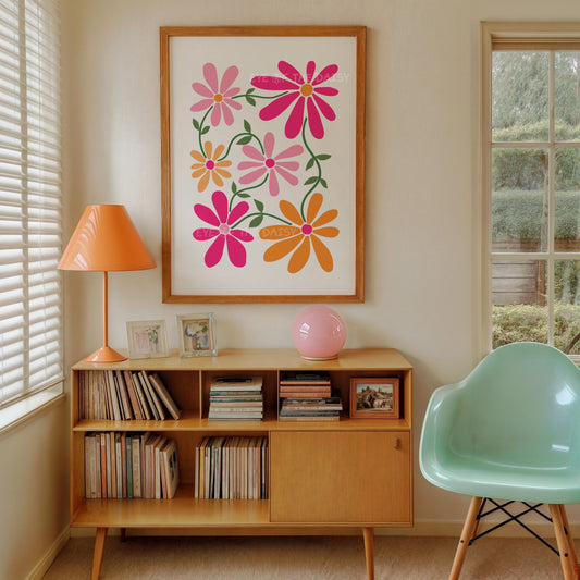 Boho abstract floral wall art print in vibrant pink and orange colours with intertwining leaves