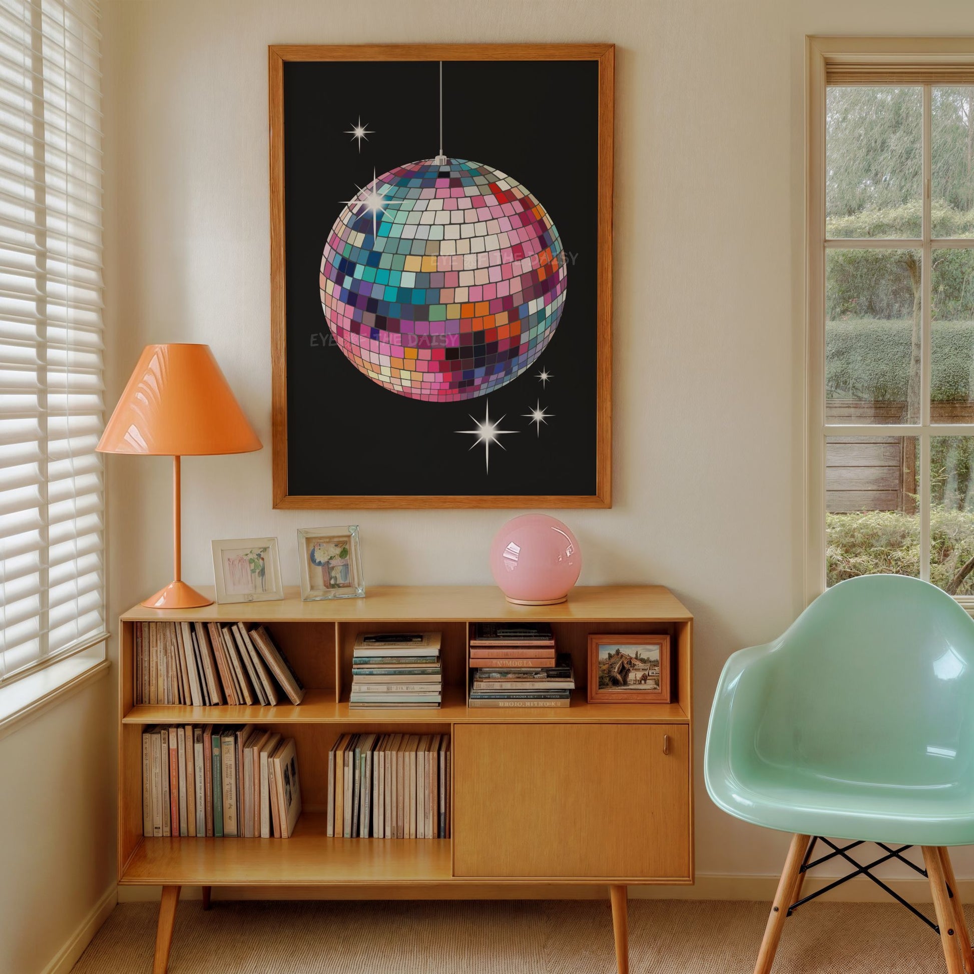 Trendy digital art print of a colourful disco ball artwork that is hand drawn, great for retro or girly dorm room decor