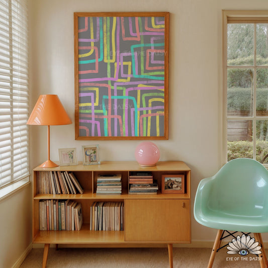 Soft pastel abstract painting, grey background colorful line art for bedrooms or living rooms