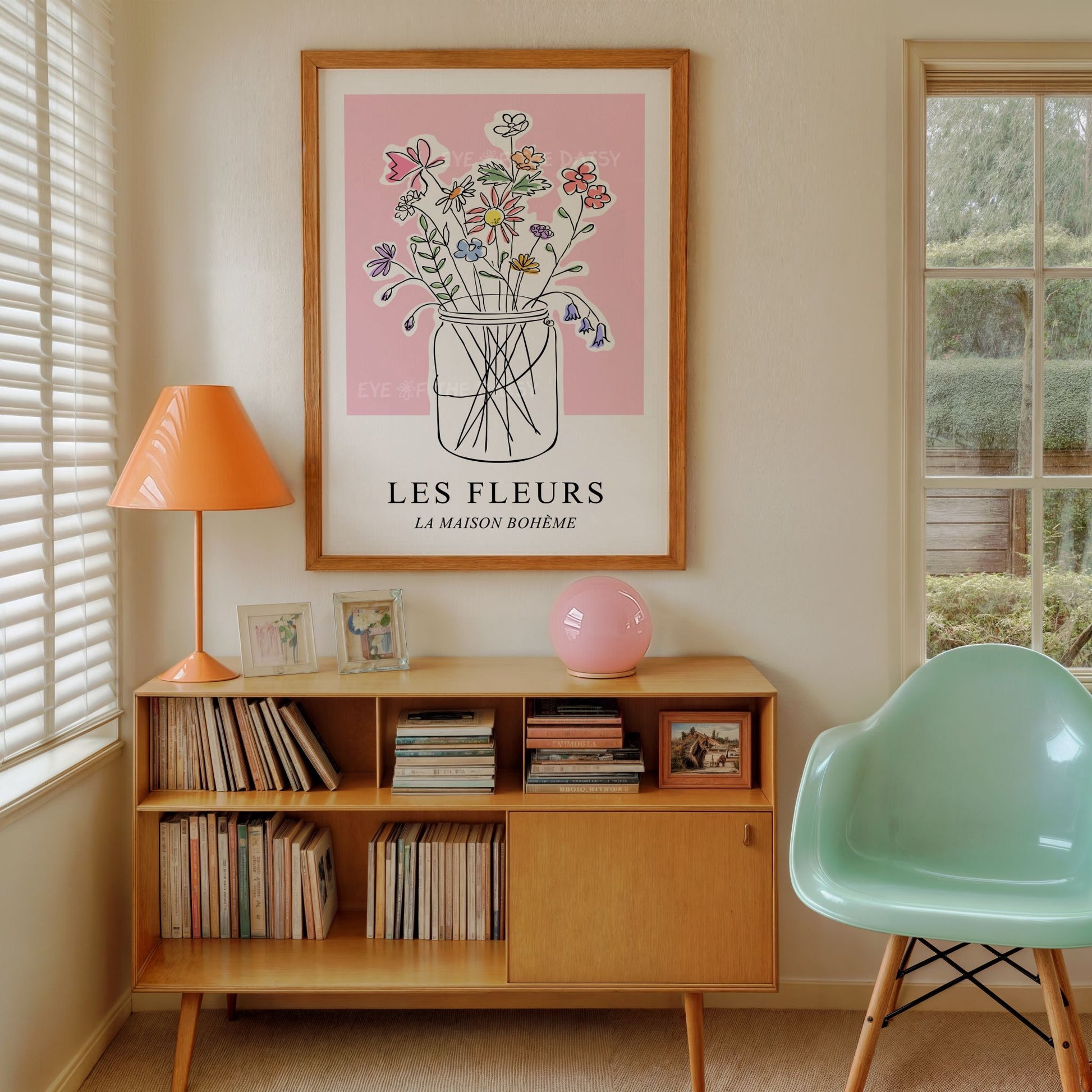 "Les Fleurs" hand drawn flowers in vase exhibition poster, great for boho chic or modern Scandi living room wall decor
