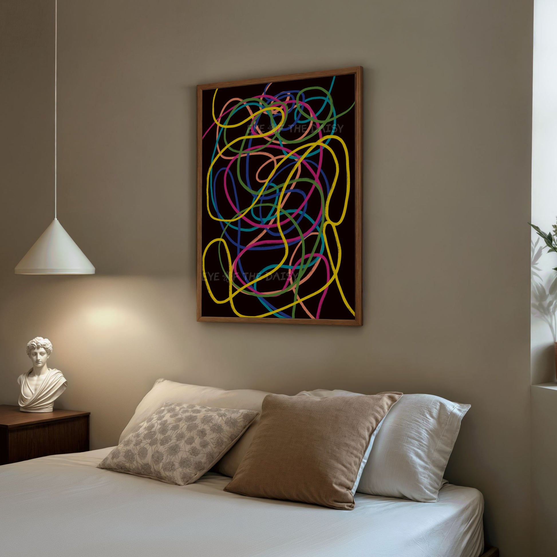 Multi-colored squiggle wall art – bold abstract lines on black, downloadable art print for a bedroom or trendy apartment