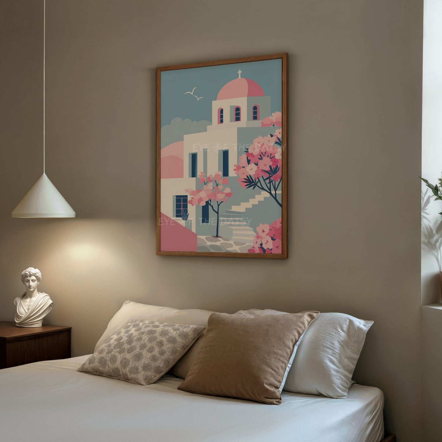 Printable Paros island wall art set of 2 in blue and pink, Mediterranean buildings, and bougainvillea flowers illustration