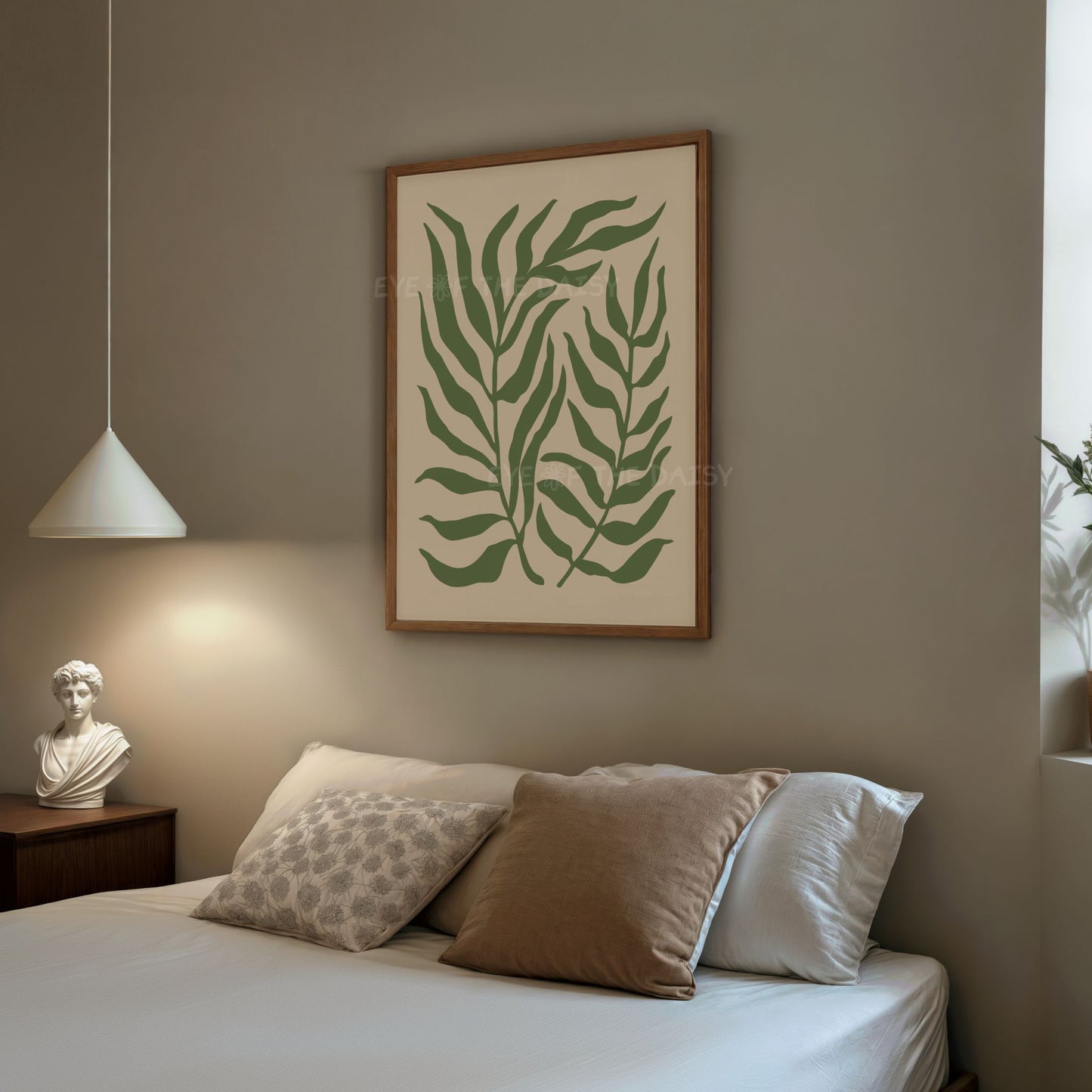 Dark green abstract palm leaf print, displayed in a beige boho bedroom, makes great vacation rental wall decor