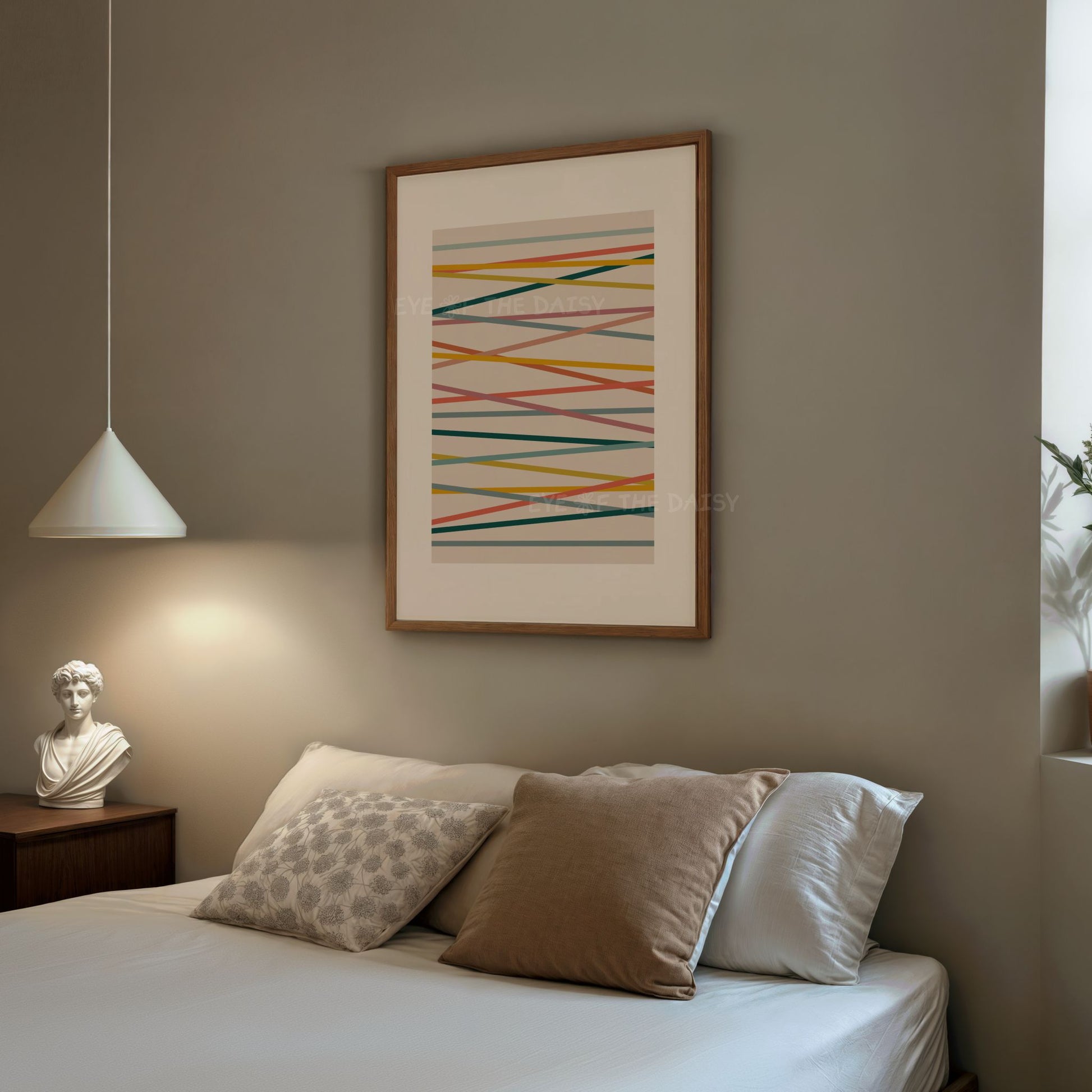 Abstract colourful lines print with neutral background – minimalist printable wall art for a mid century modern bedroom