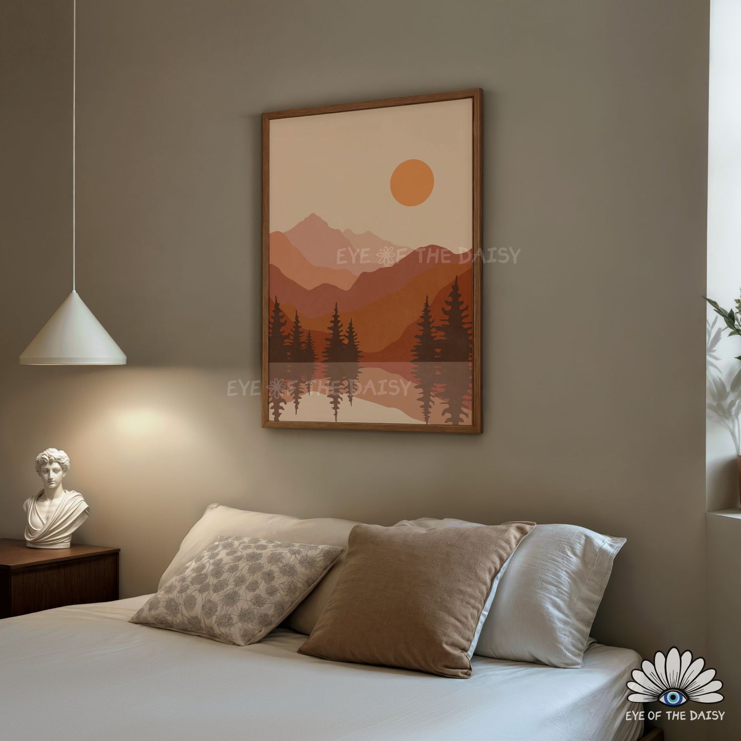 Warm earthy nature scenery trees print, mid century modern mountains printable poster