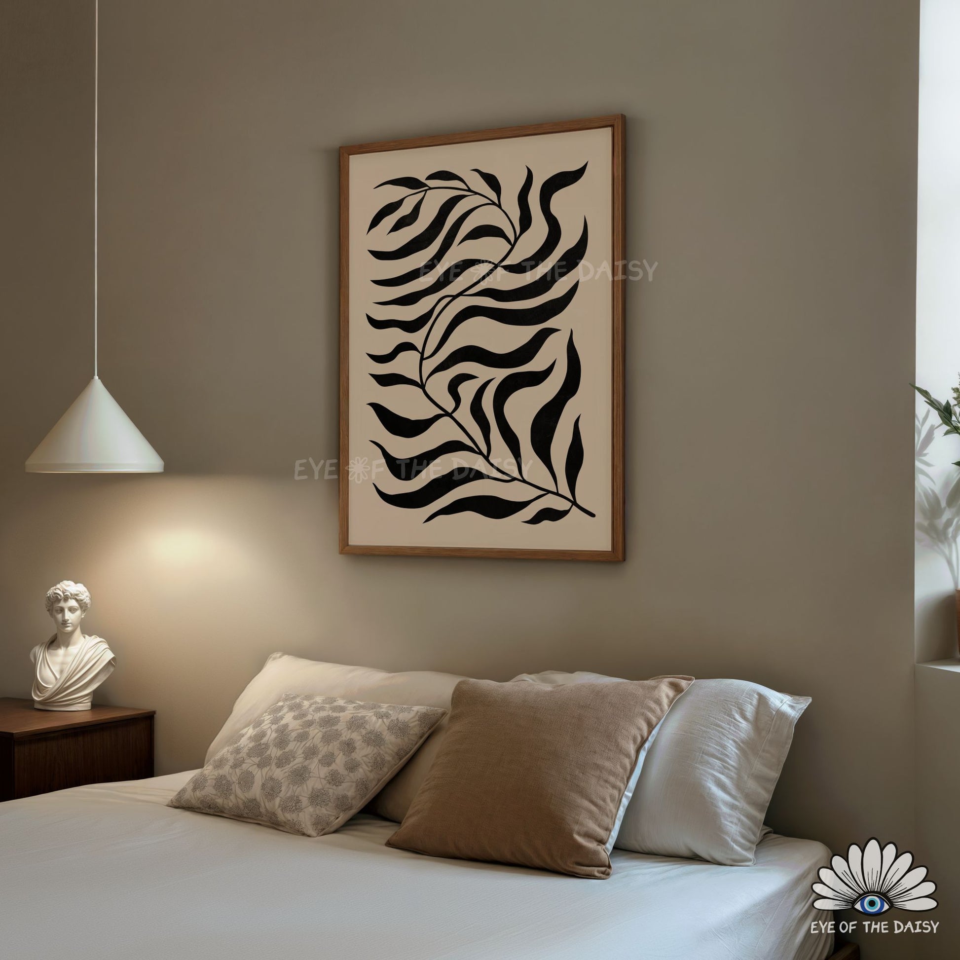 neutral botanical print digital download, simple black leaf artwork for modern bedroom corners