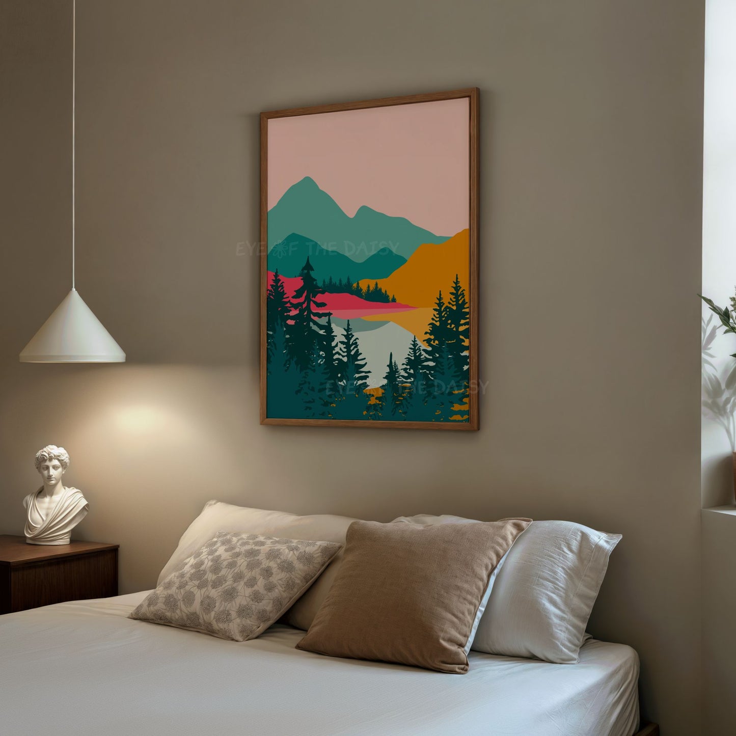 Colorful printable wall art set – retro abstract landscapes in pink, teal, orange tones, downloadable art for creative bedroom decor