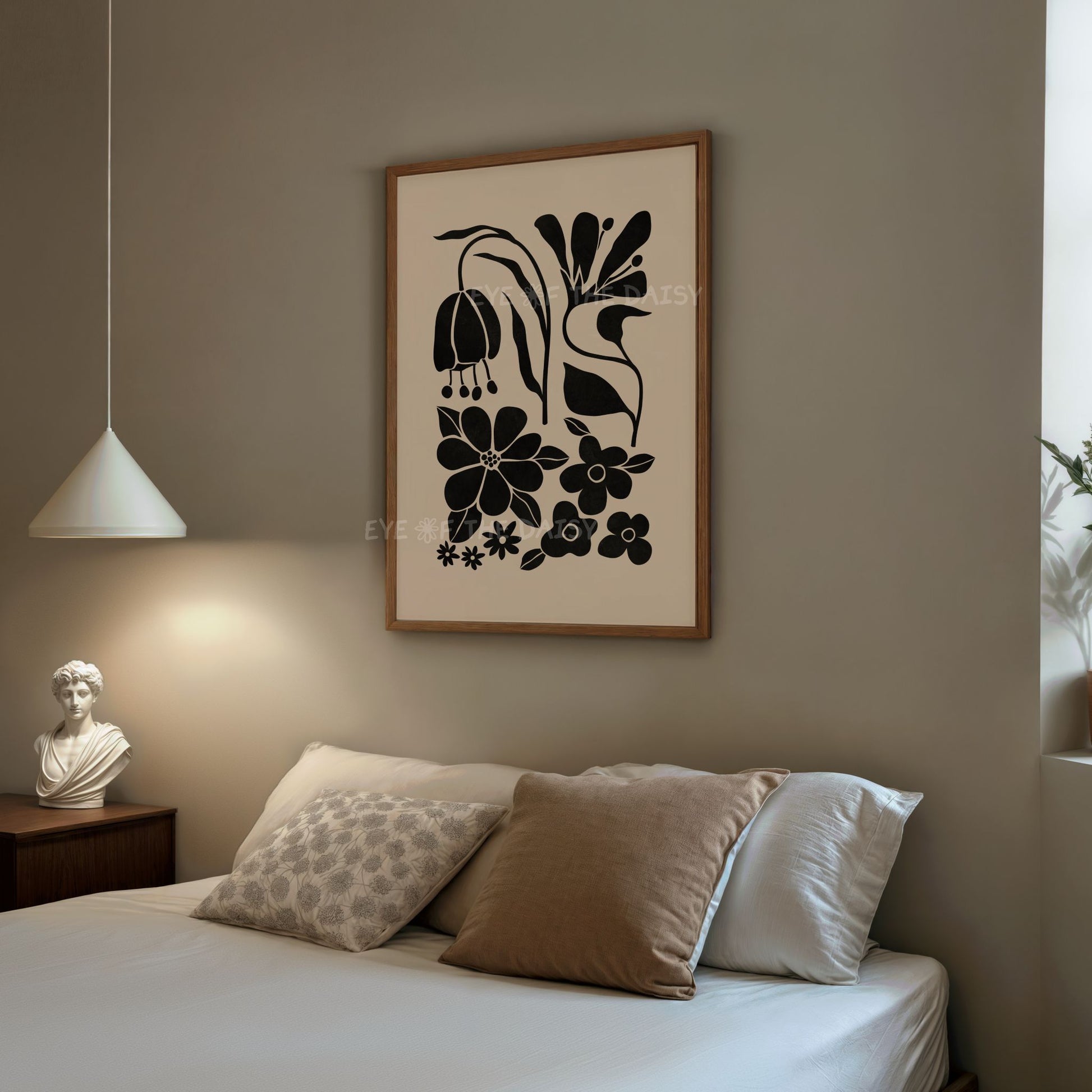 Boho bedroom wall art set of 3 – abstract floral cut-outs in black on beige, neutral tone above bed decor