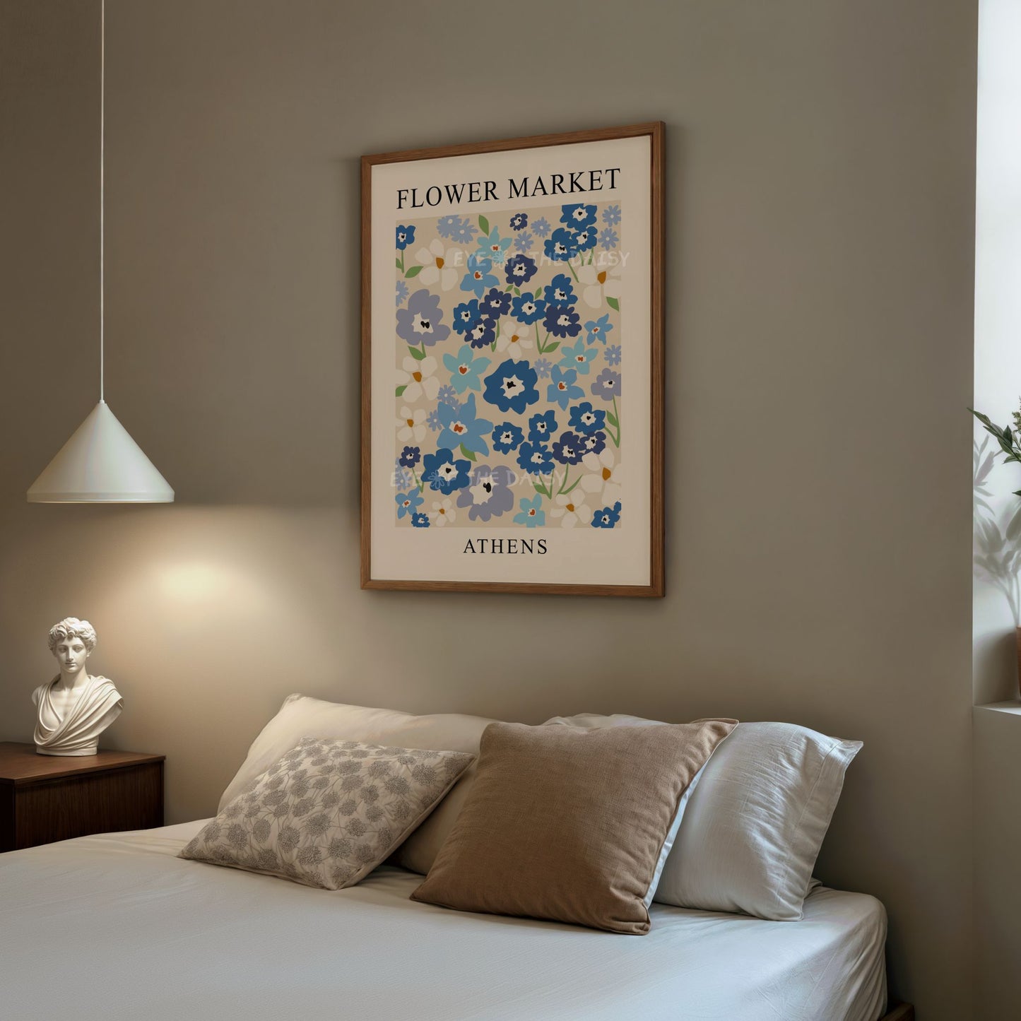 Boho chic flower market printable wall art — blue Scandinavian floral digital poster download, ideal modern decor for stylish bedrooms