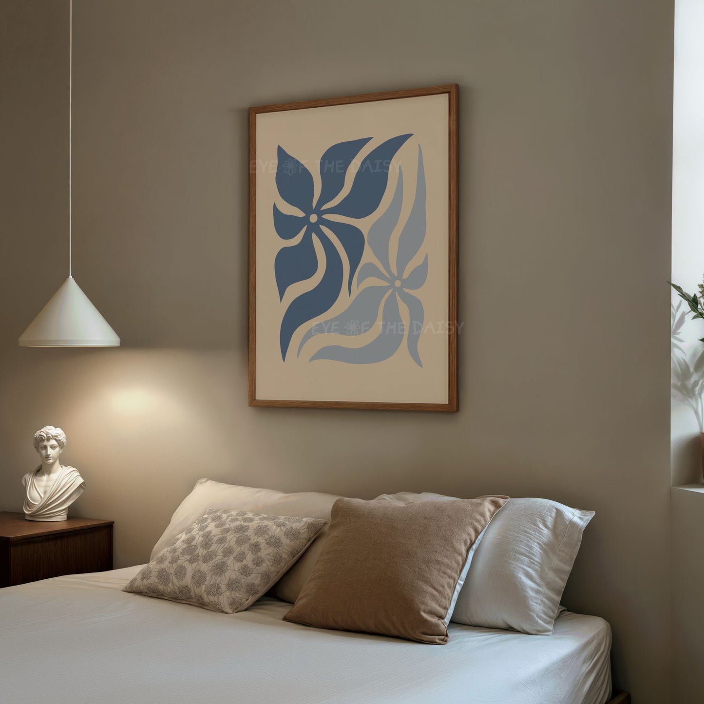 Boho bedroom botanical wall art set of 4 – navy, pale blue, beige abstract floral cut-outs, printable gallery wall decor, digital download