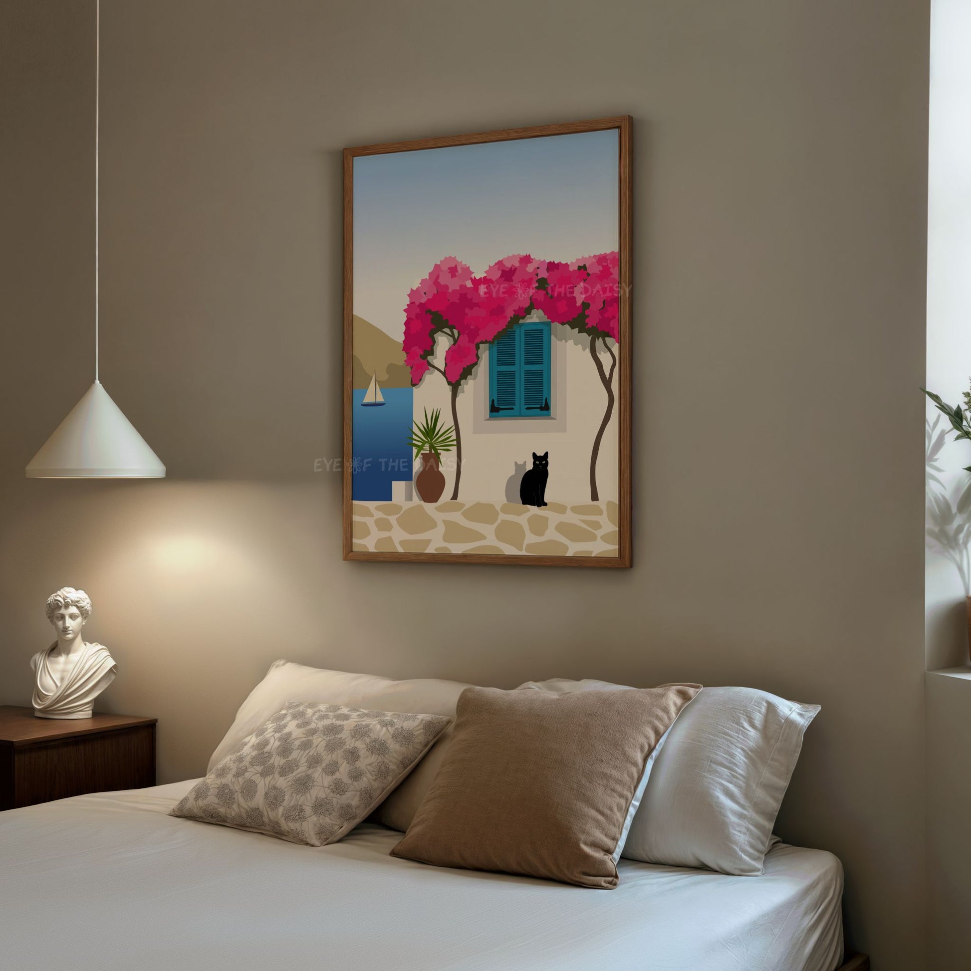 Boho chic travel illustration wall print — Paros Greek house and cat poster printable, perfect for bedroom wall decor