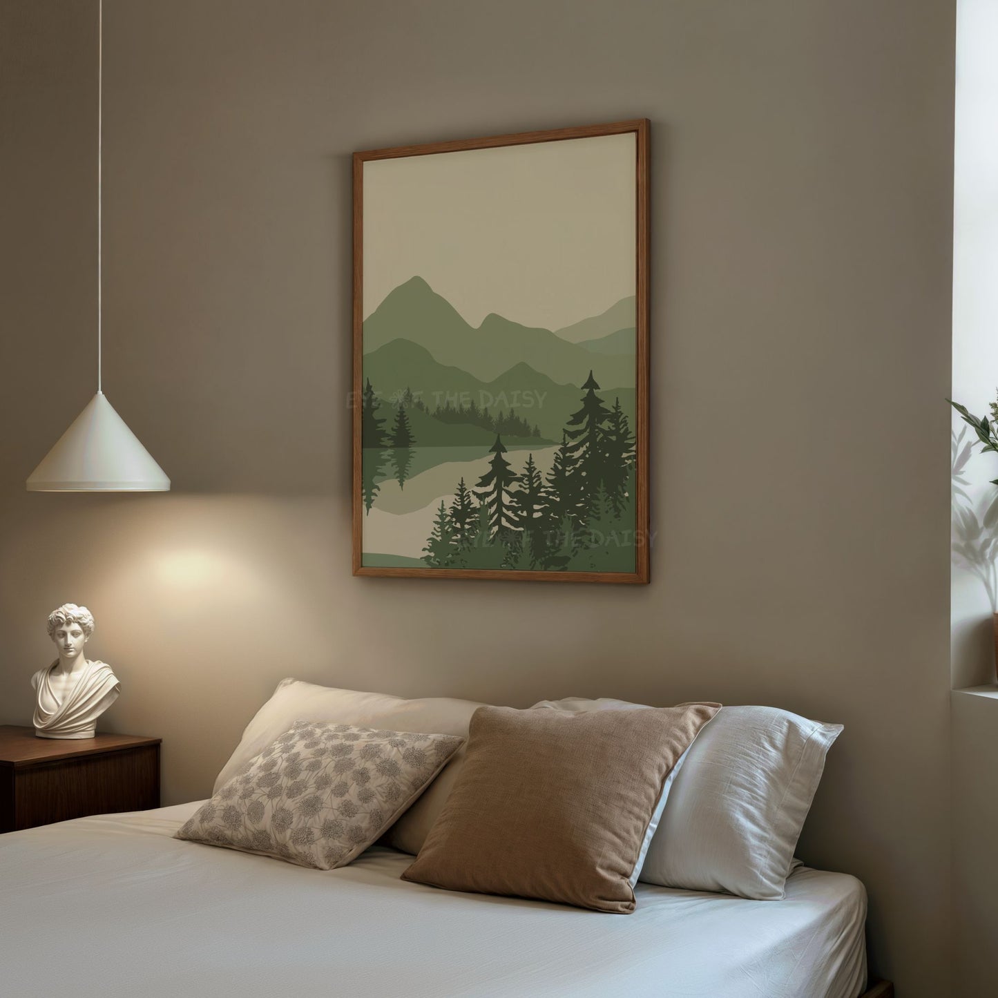 Minimal abstract landscape print in sage green tones, displayed above a bed in a boho neutral bedroom