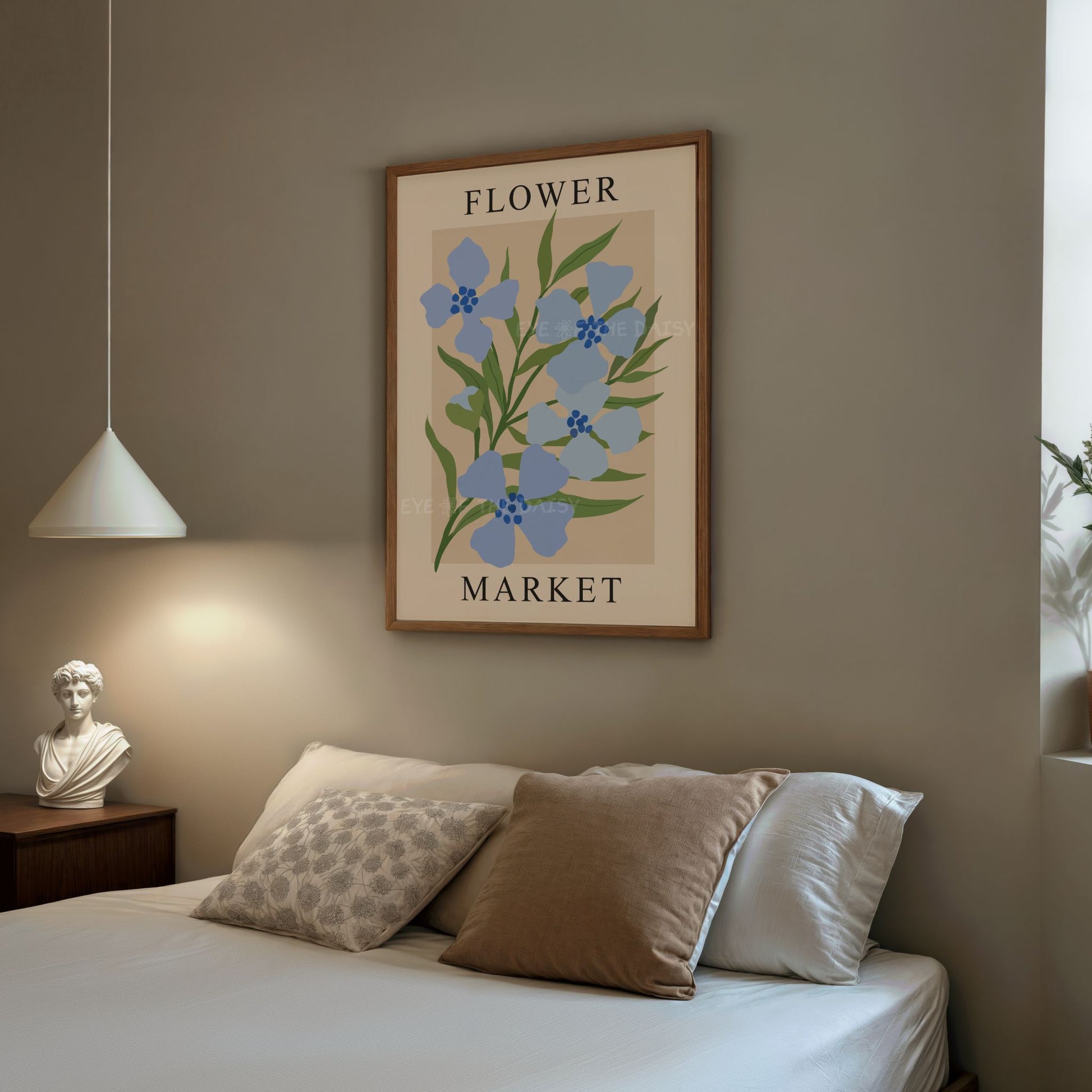 Flower Market art print, Scandinavian botanical wall décor, blue flower printable for trendy modern boho bedroom decor