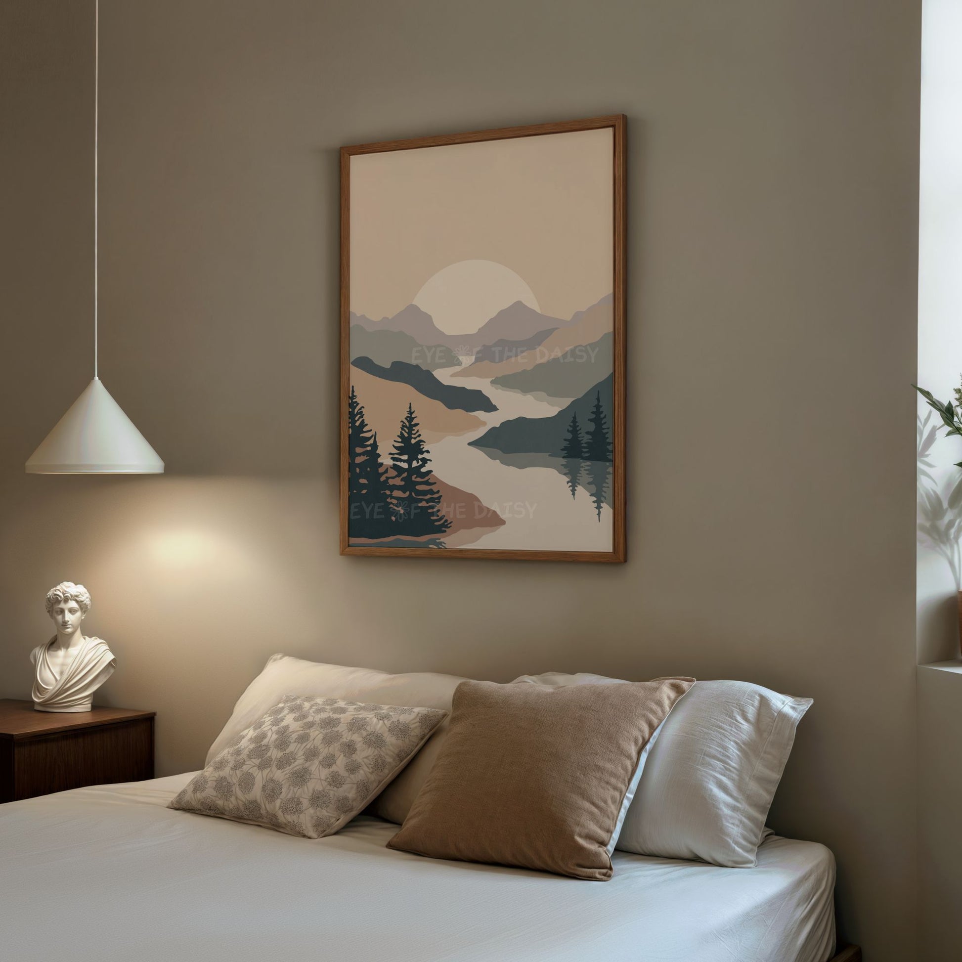 Minimalist mountain landscape prints – calming set of 2 nature posters in navy and beige, digital download for serene bedroom decor