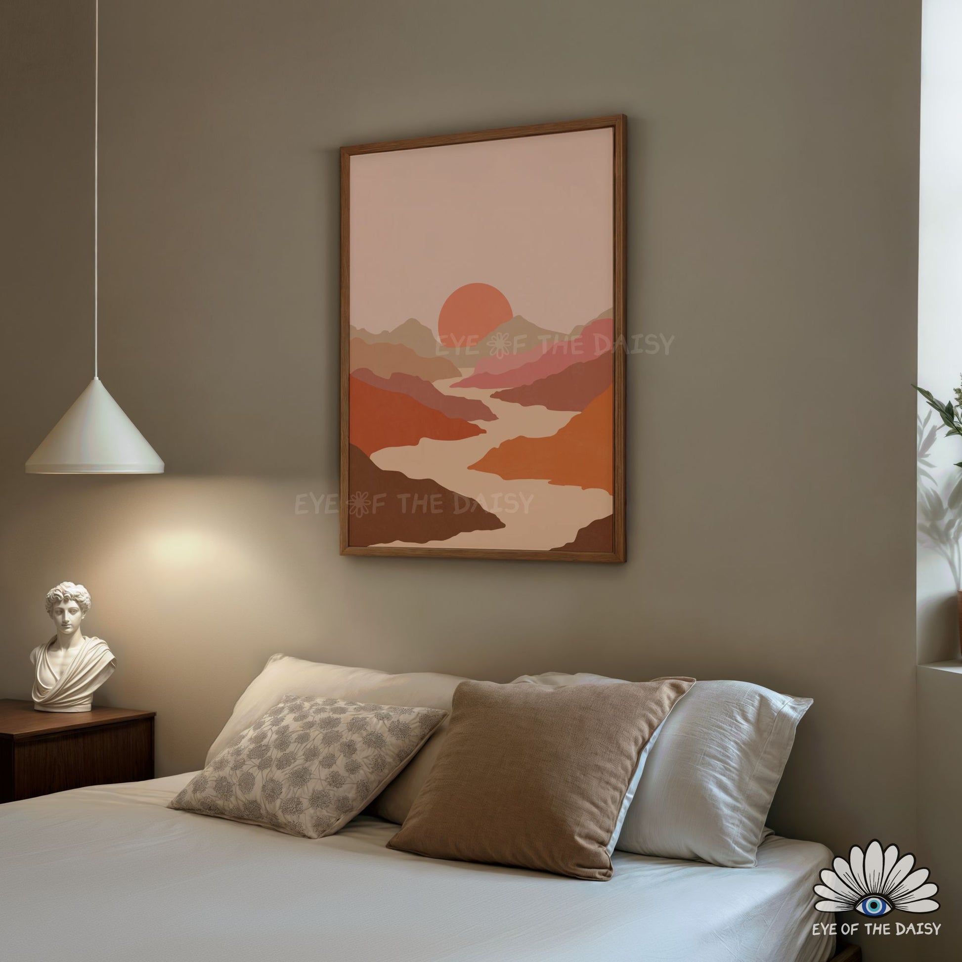 Warm tone river mountain range print, modern kitchen printable poster for summer rental wall decor