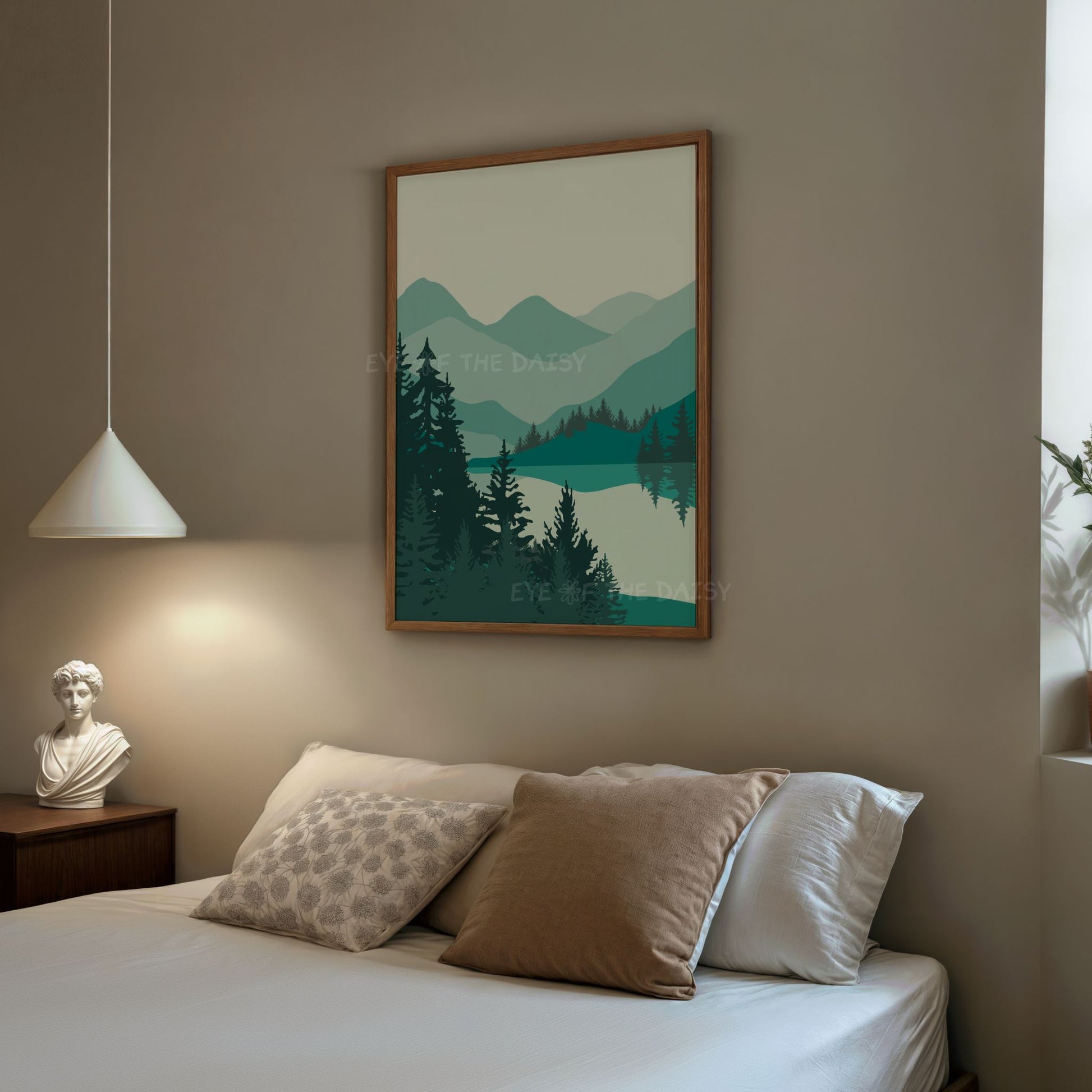 Minimal mountain landscape wall art print in calming teal blue green, displayed in a modern boho style bedroom