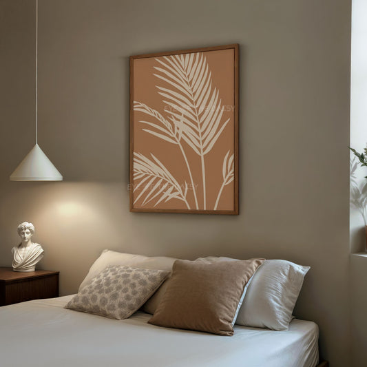 White tan tropical palm leaf downloadable art print, makes great modern boho style bedroom wall decor