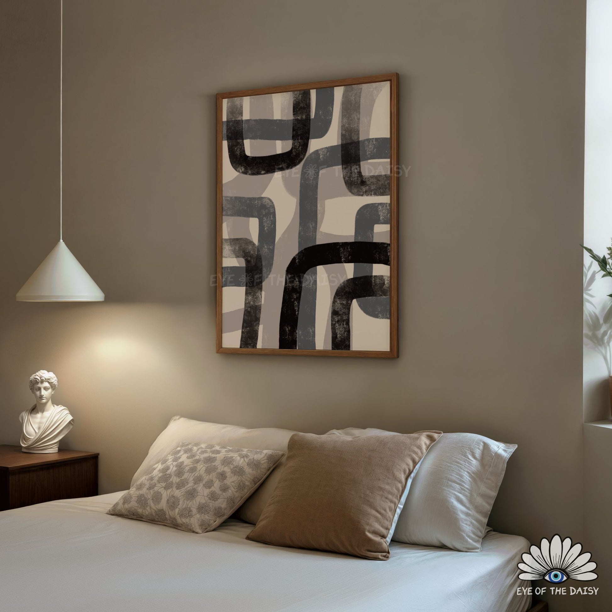 Sleek minimalist abstract wall art in greys and black, perfect for modern Scandi bedroom decor