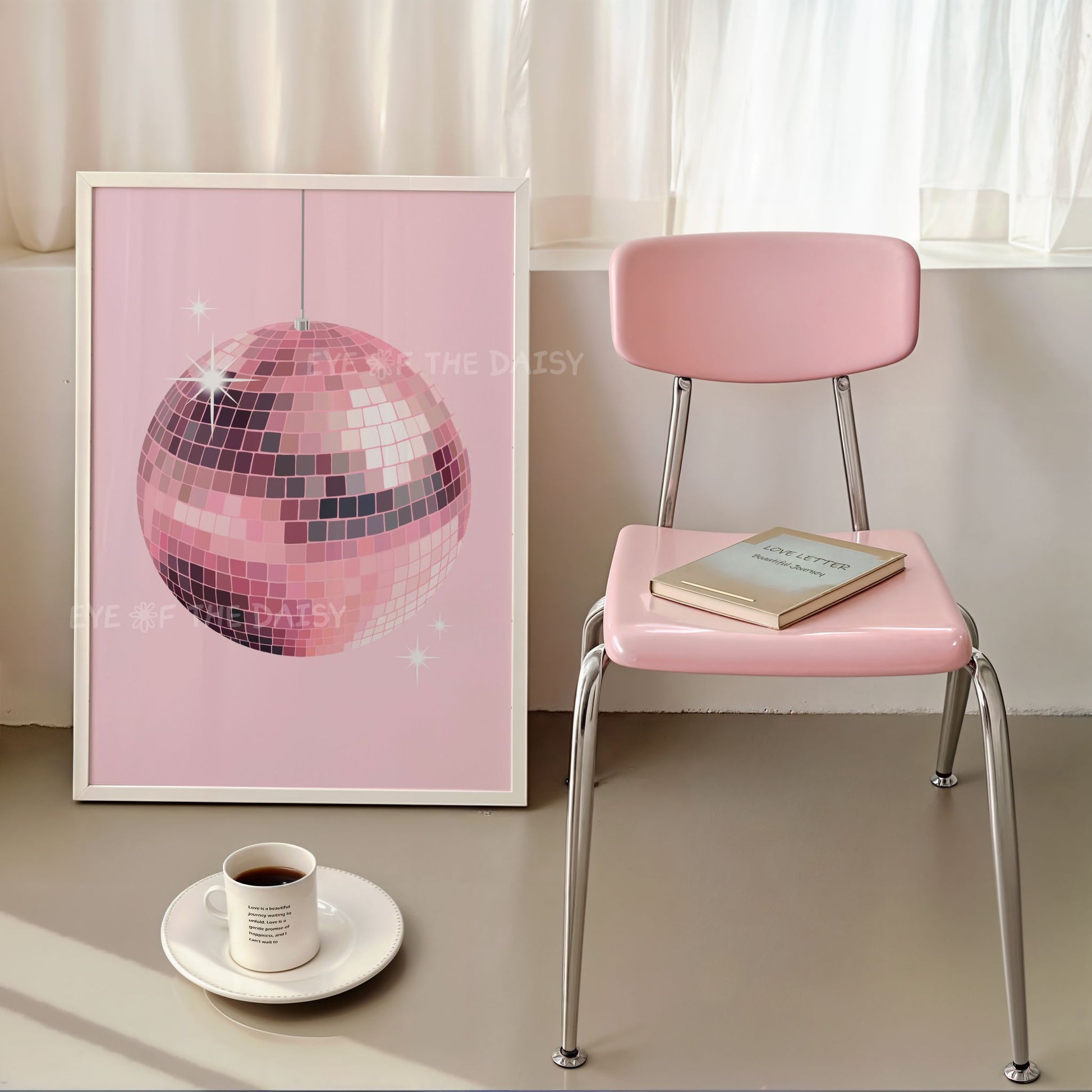 Pink disco ball printable – funky digital download wall art for trendy bedroom or apartment, perfect for girly modern decor