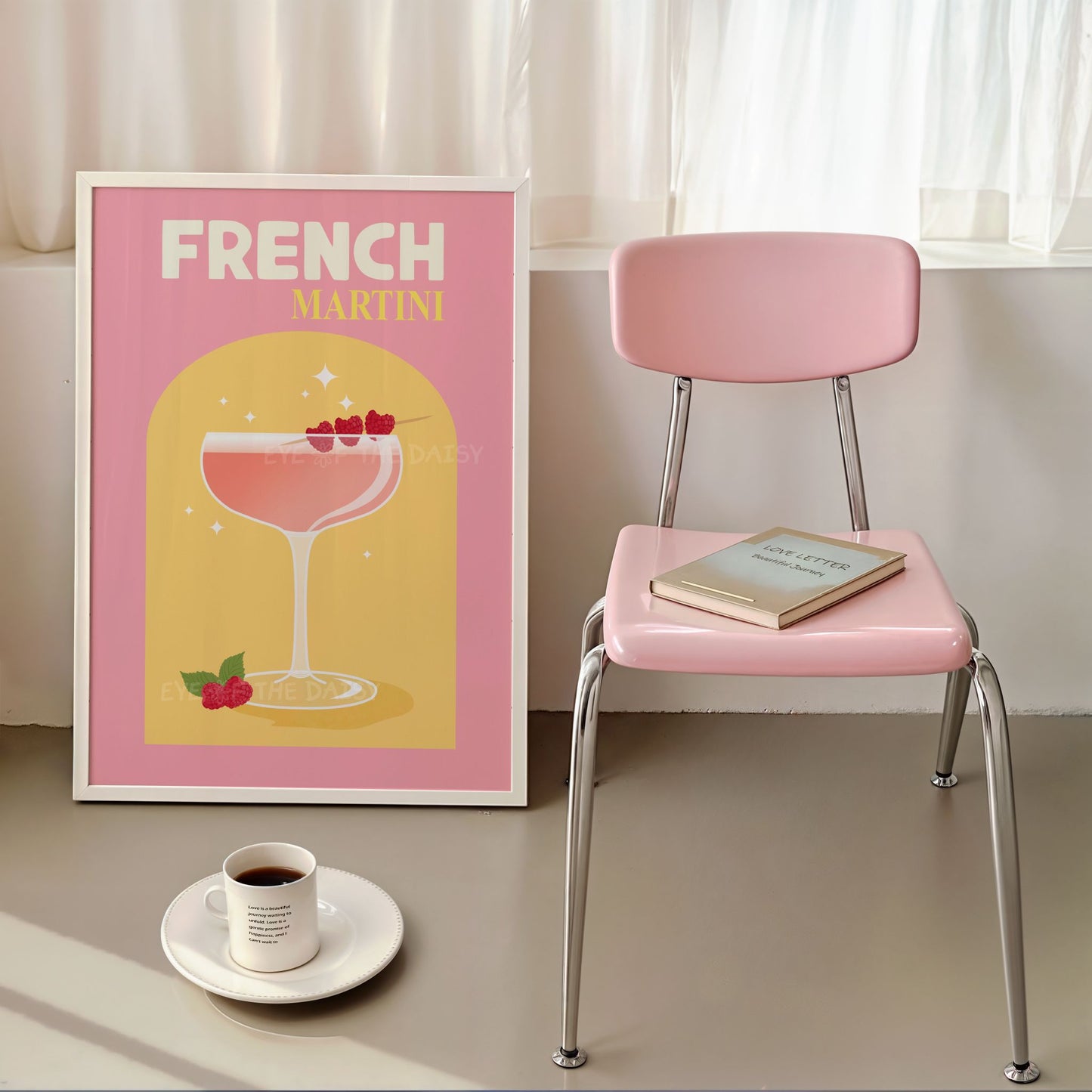 Pink cocktail digital art – French Martini print for stylish interiors, bar carts, or foodie-themed decor