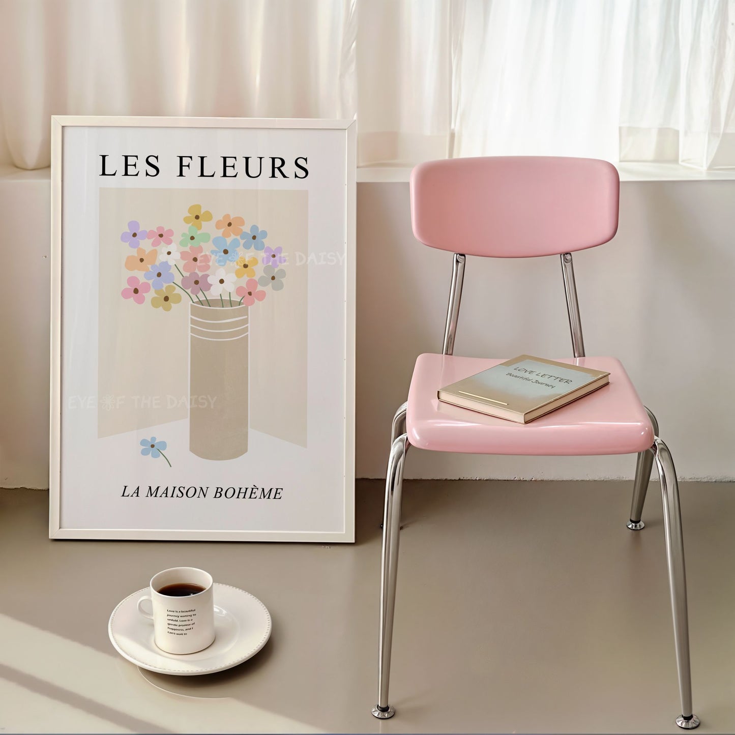 Les Fleurs boho floral art print – flowers in vase exhibition poster in soft pastel tones, for stylish trendy apartment gallery wall
