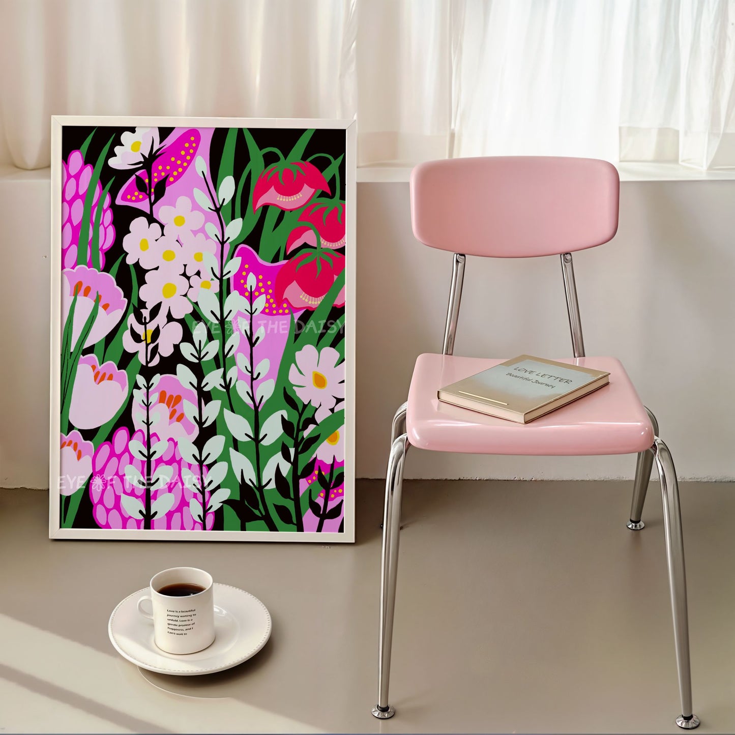Eclectic abstract flower print – colourful digital download for trendy apartment wall decor, teal and pink artwork