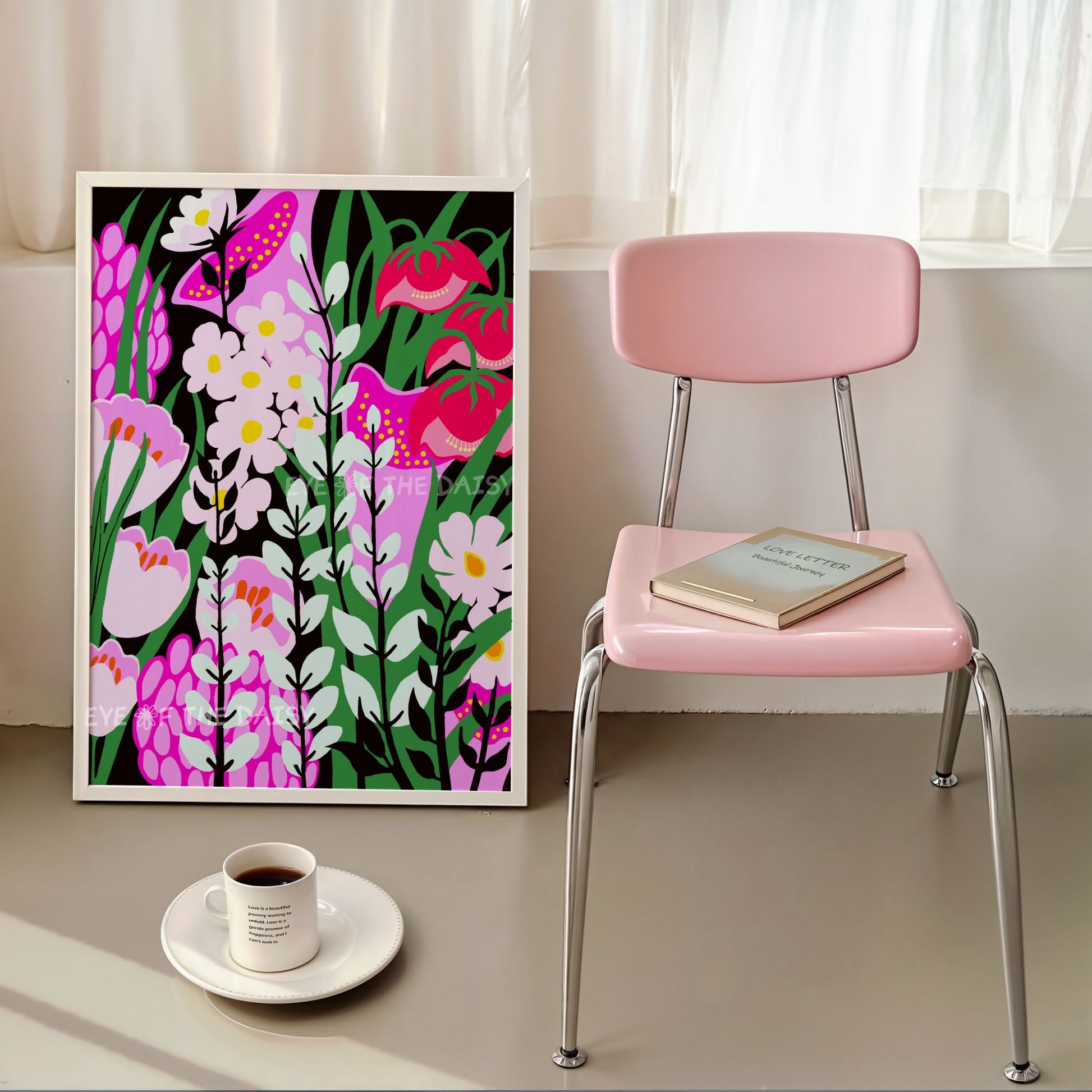 Eclectic abstract flower print – colourful digital download for trendy apartment wall decor, teal and pink artwork