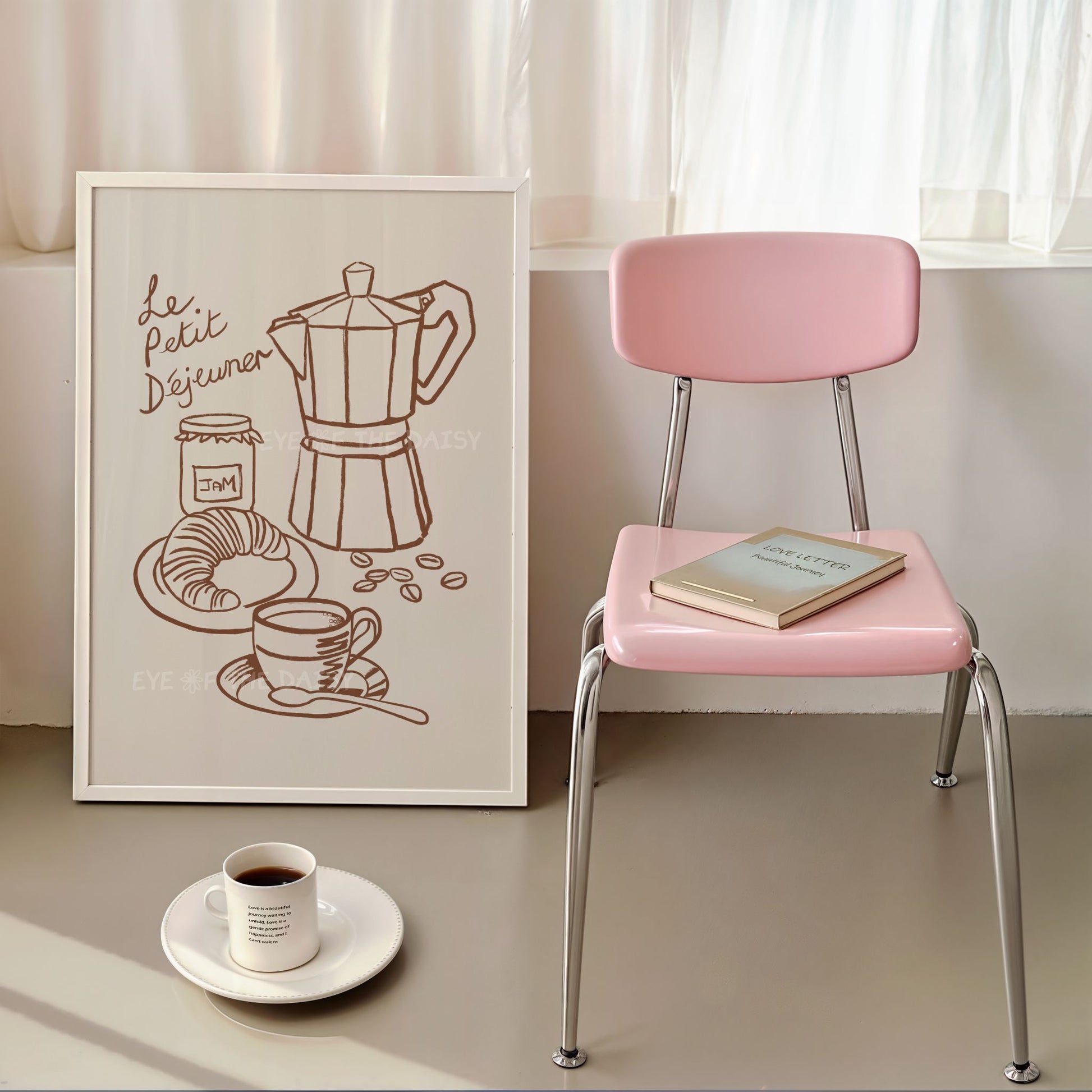 Mid century modern breakfast printable wall art of coffee & croissant and the phrase "Le Petit Dejeuner"