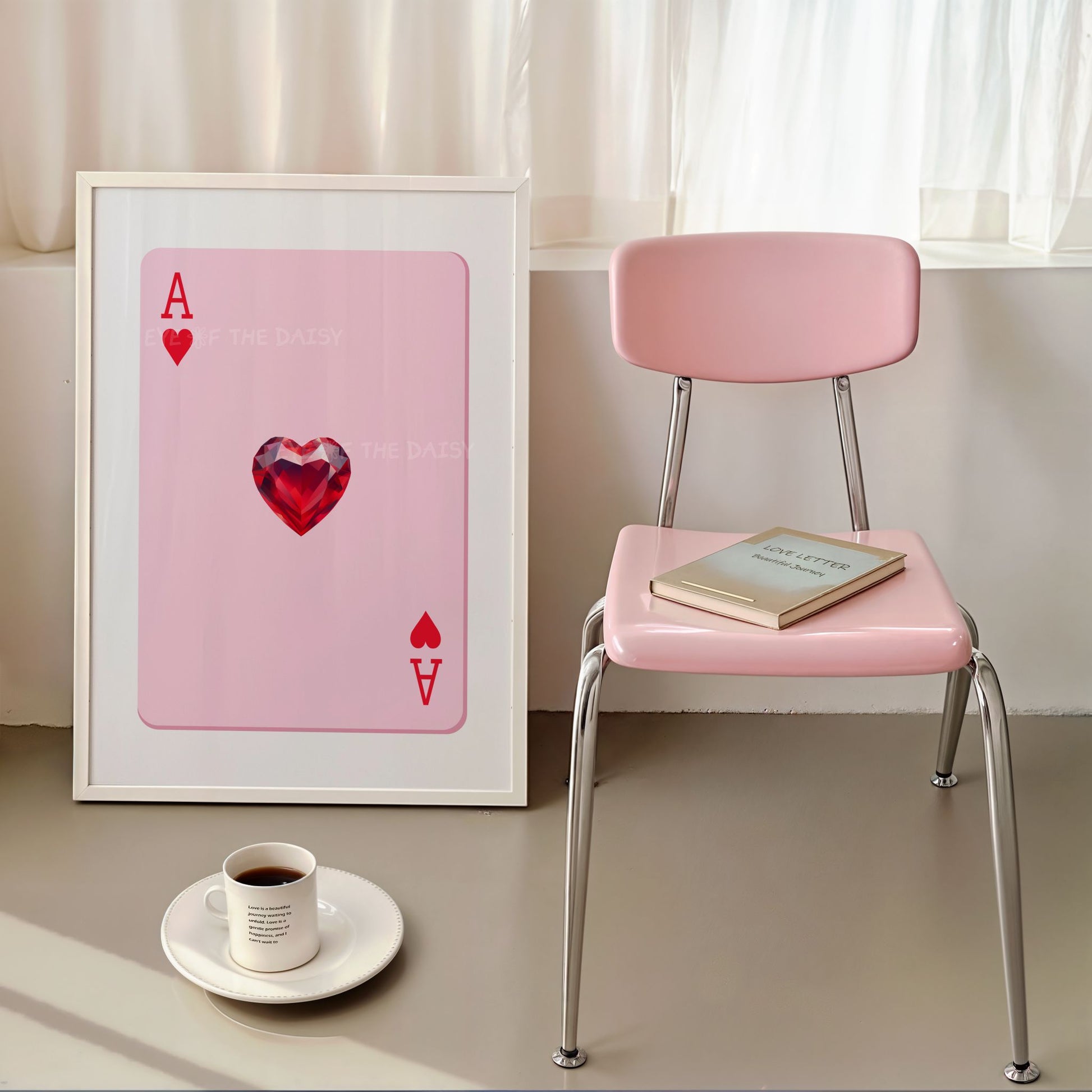 Cute pink Ace of Hearts printable wall art — red and pink card print with lucky heart jewel, fun digital download for vacation rental decor