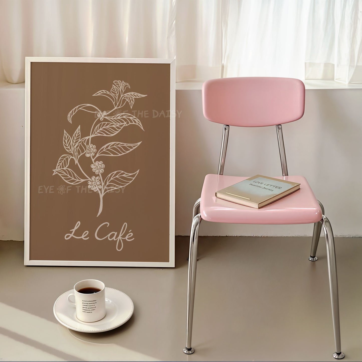 Hand drawn botanical print set of 3, brown beige earth tone wall décor for coffee bar